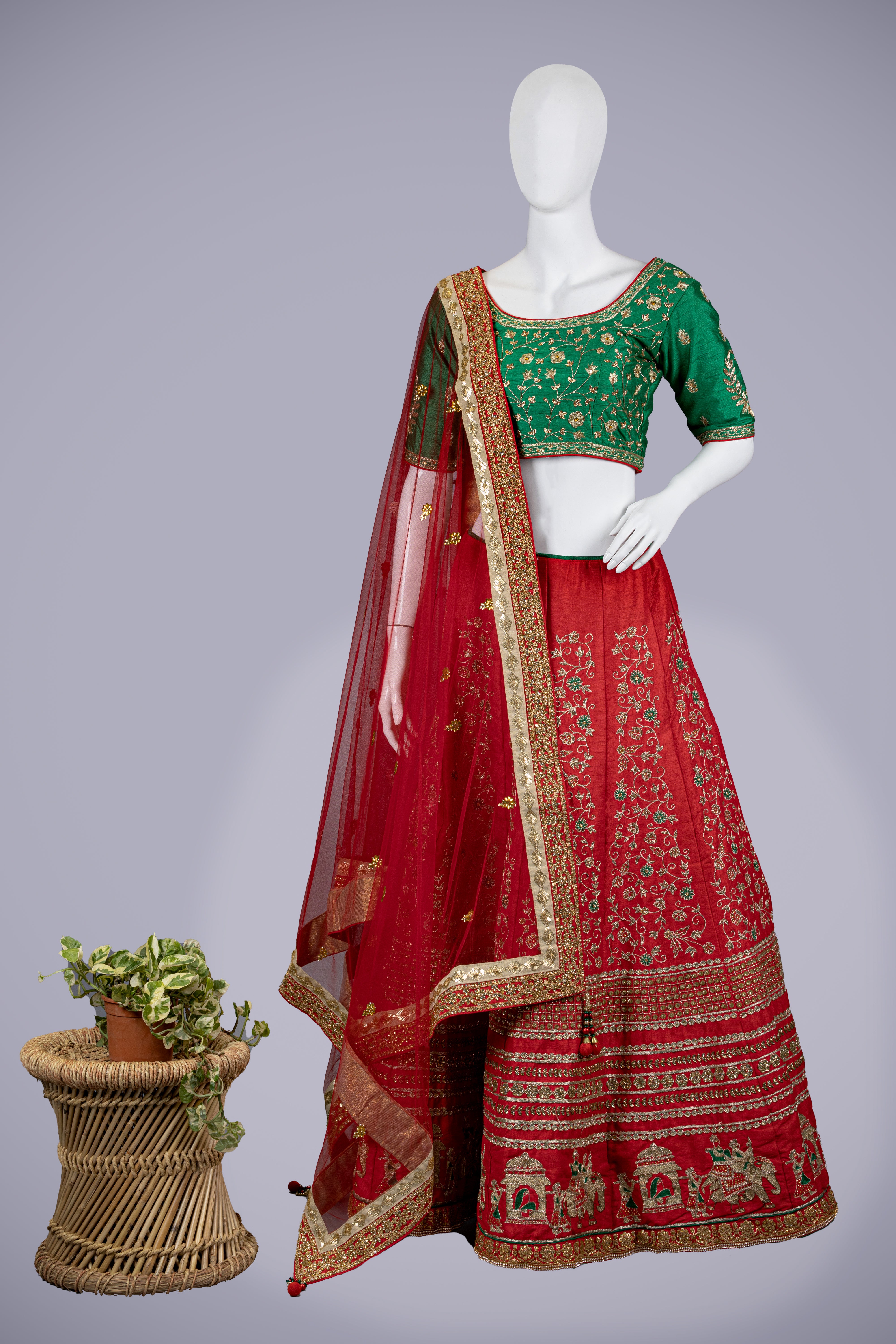 Red & Green Lehenga with Luxe Kasab & Zardosi Work - Shreeman