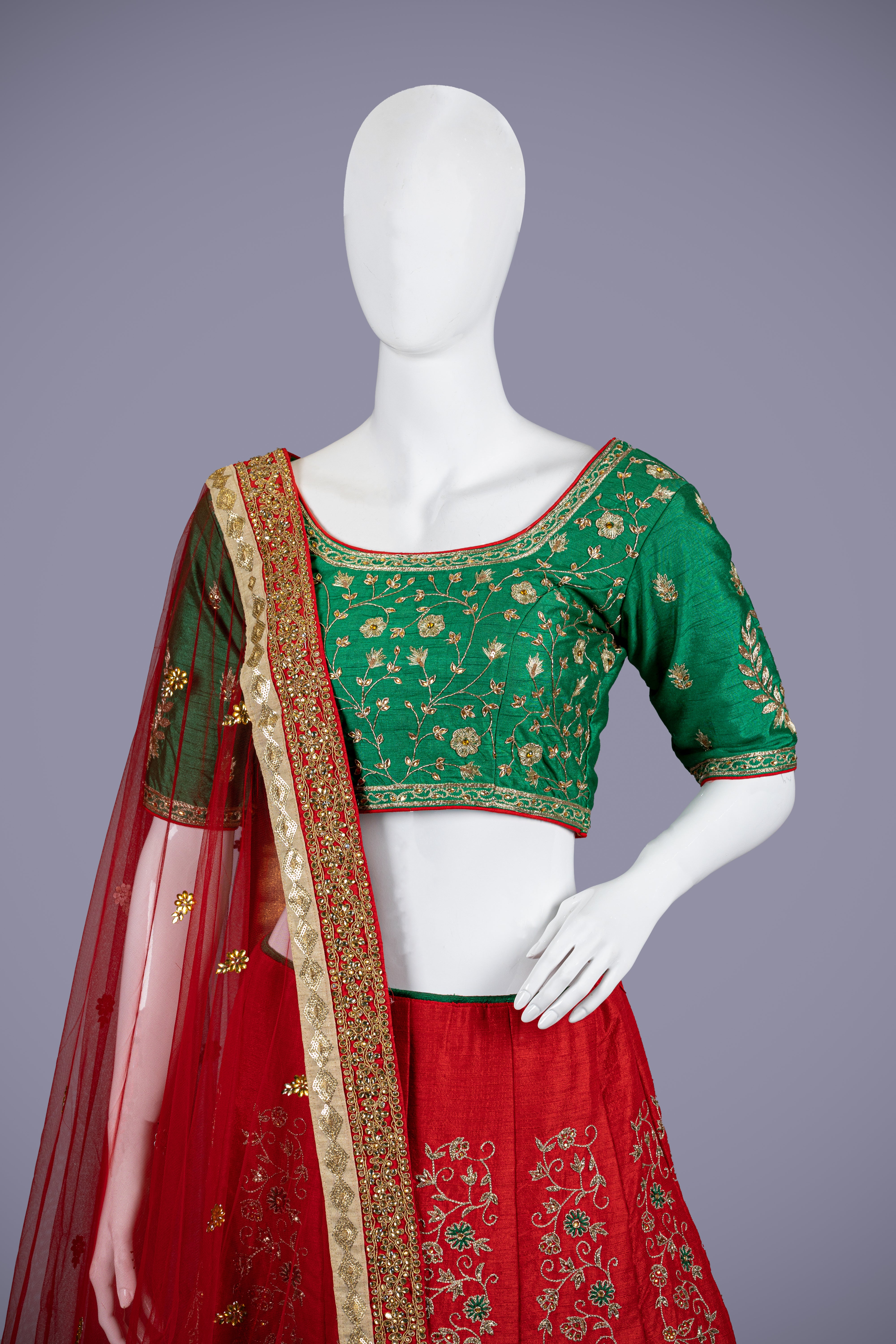 Red & Green Lehenga with Luxe Kasab & Zardosi Work - Shreeman