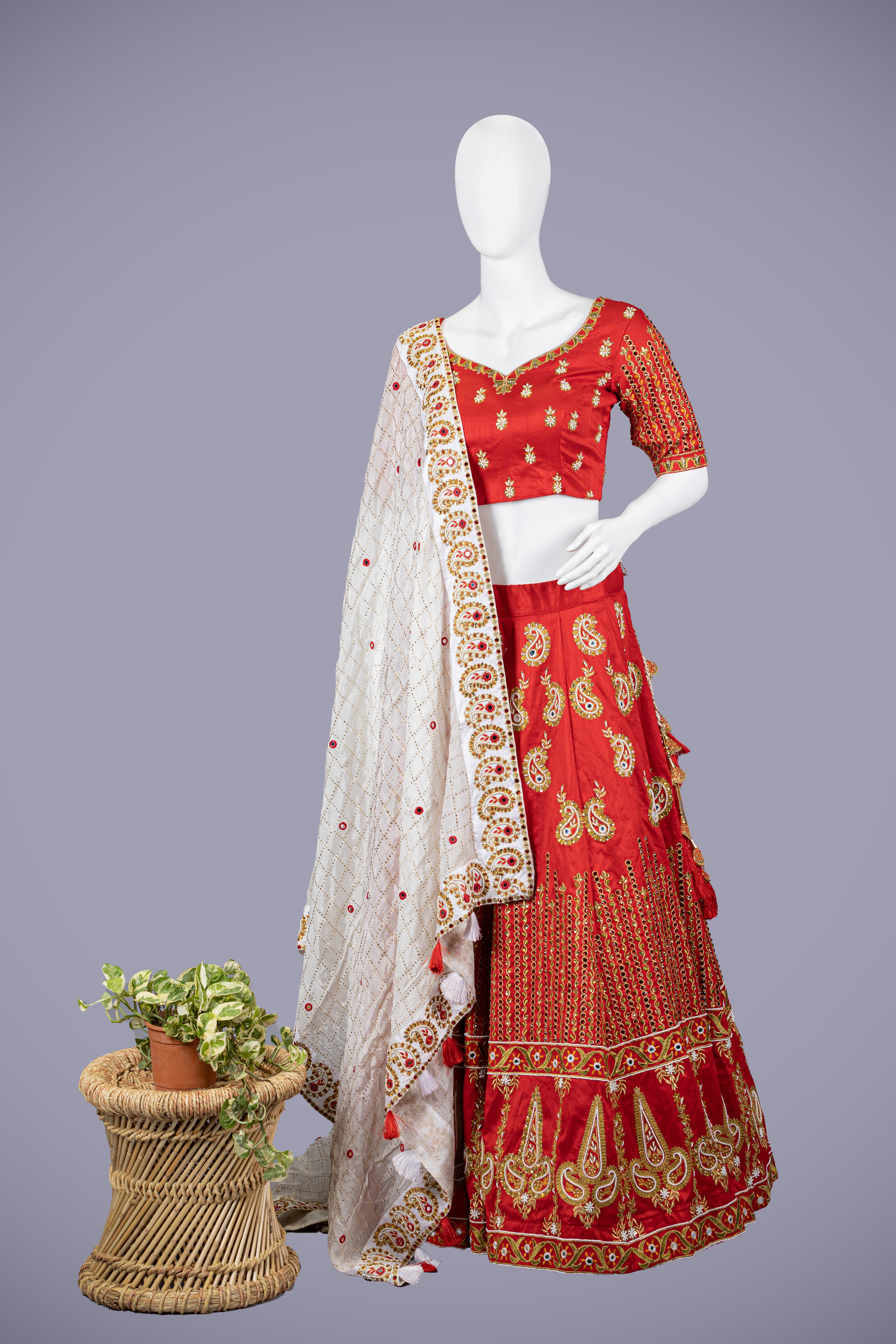 Red Silk Lehenga with  Pal Moti Handwork - Shreeman