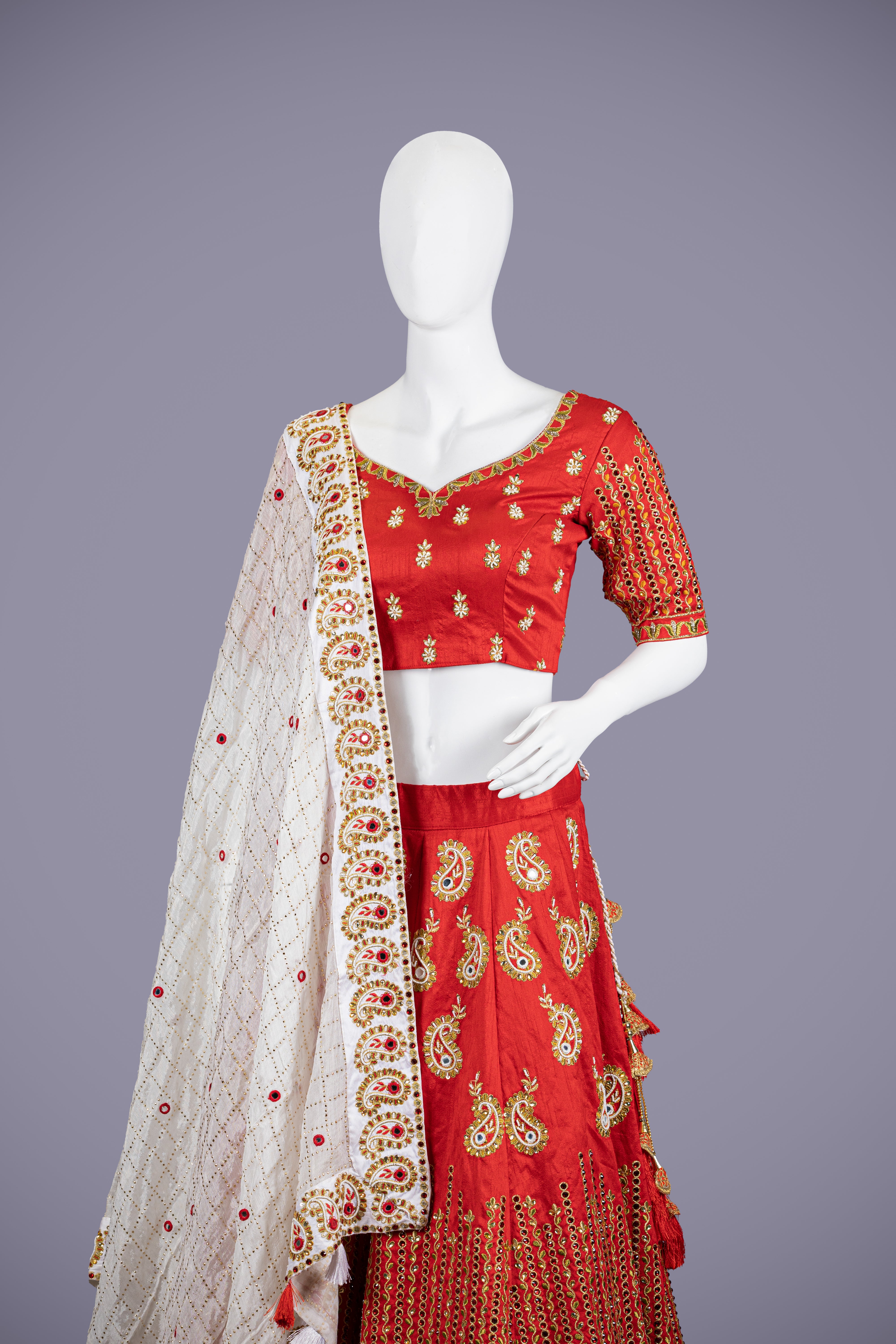 Red Silk Lehenga with  Pal Moti Handwork - Shreeman