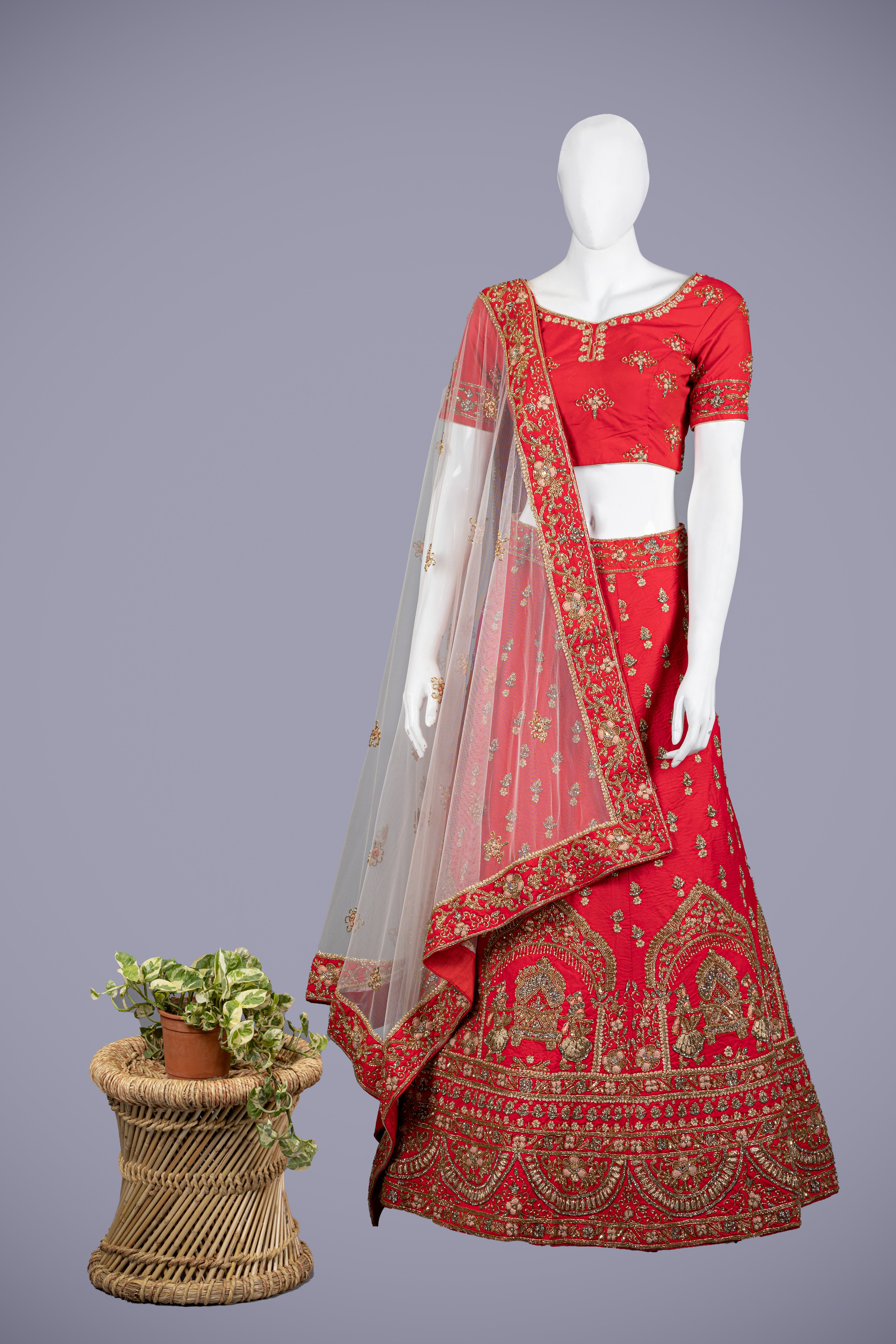 Red Pink Lehenga with Cutdana & Handwork - Shreeman