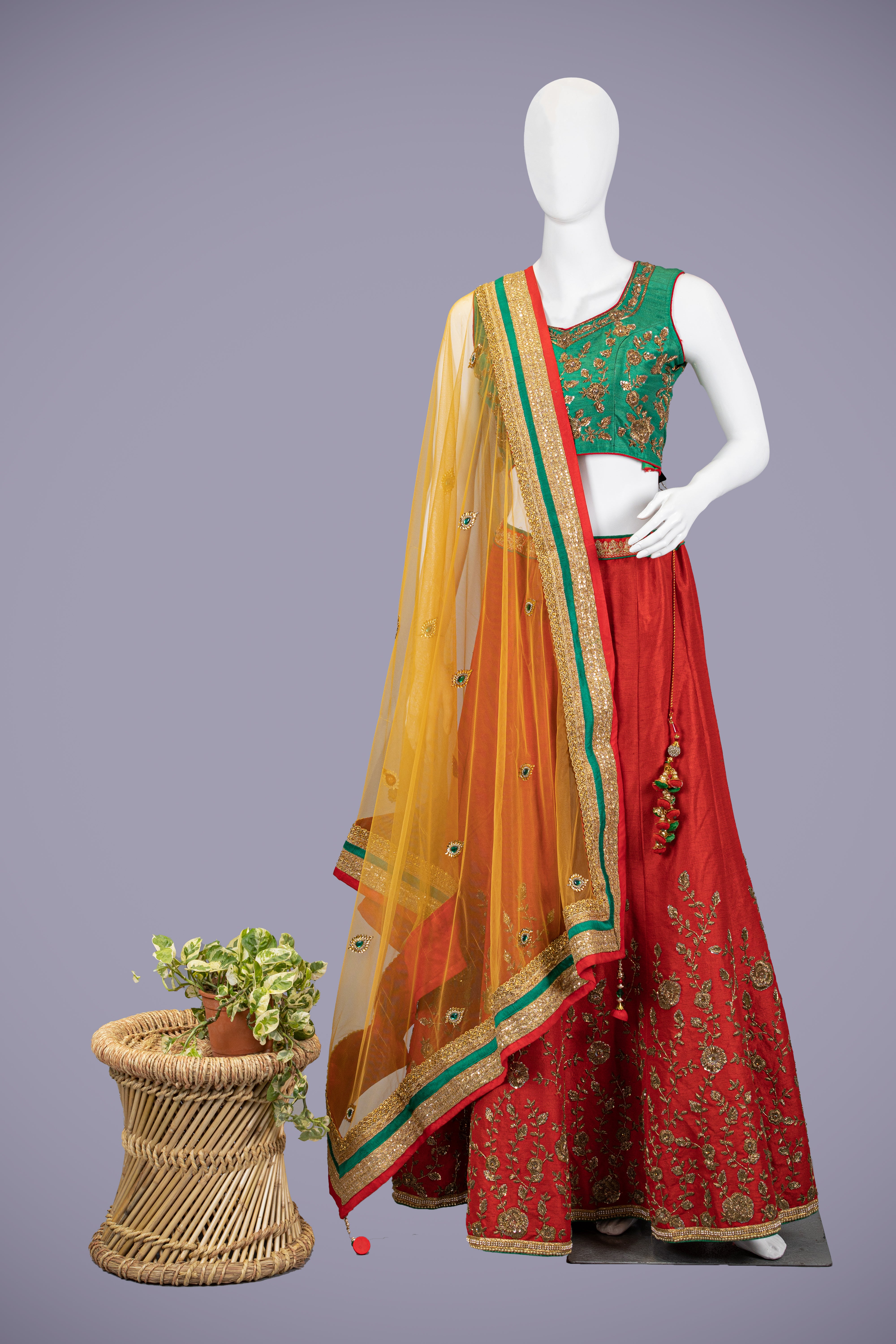 Green & Tomato Red Lehenga Choli with Jardoshi Kasap Work - Shreeman