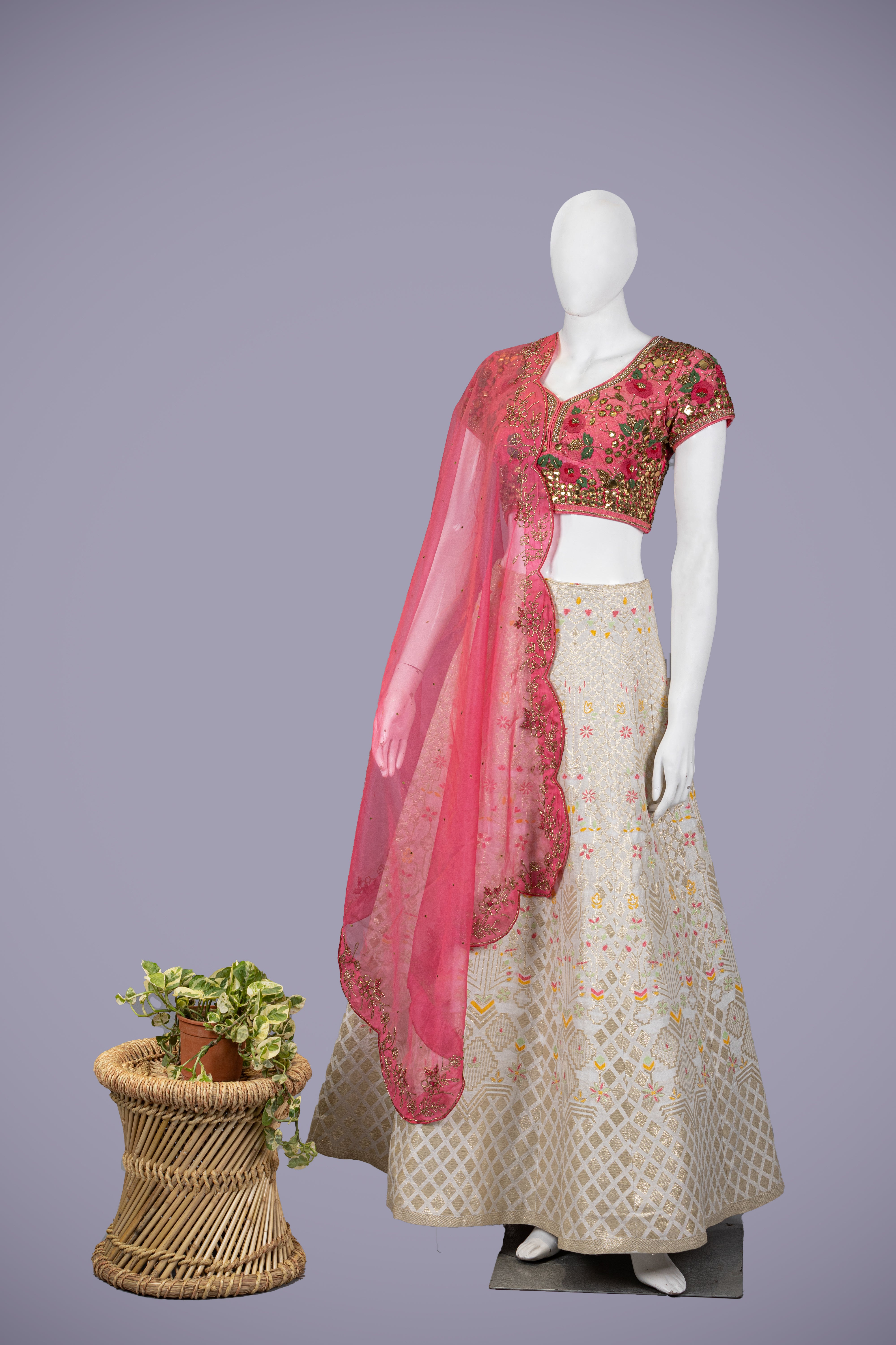 Elegant Pink & Cream Lehenga Choli with Hand Work Pal Moti - Shreeman