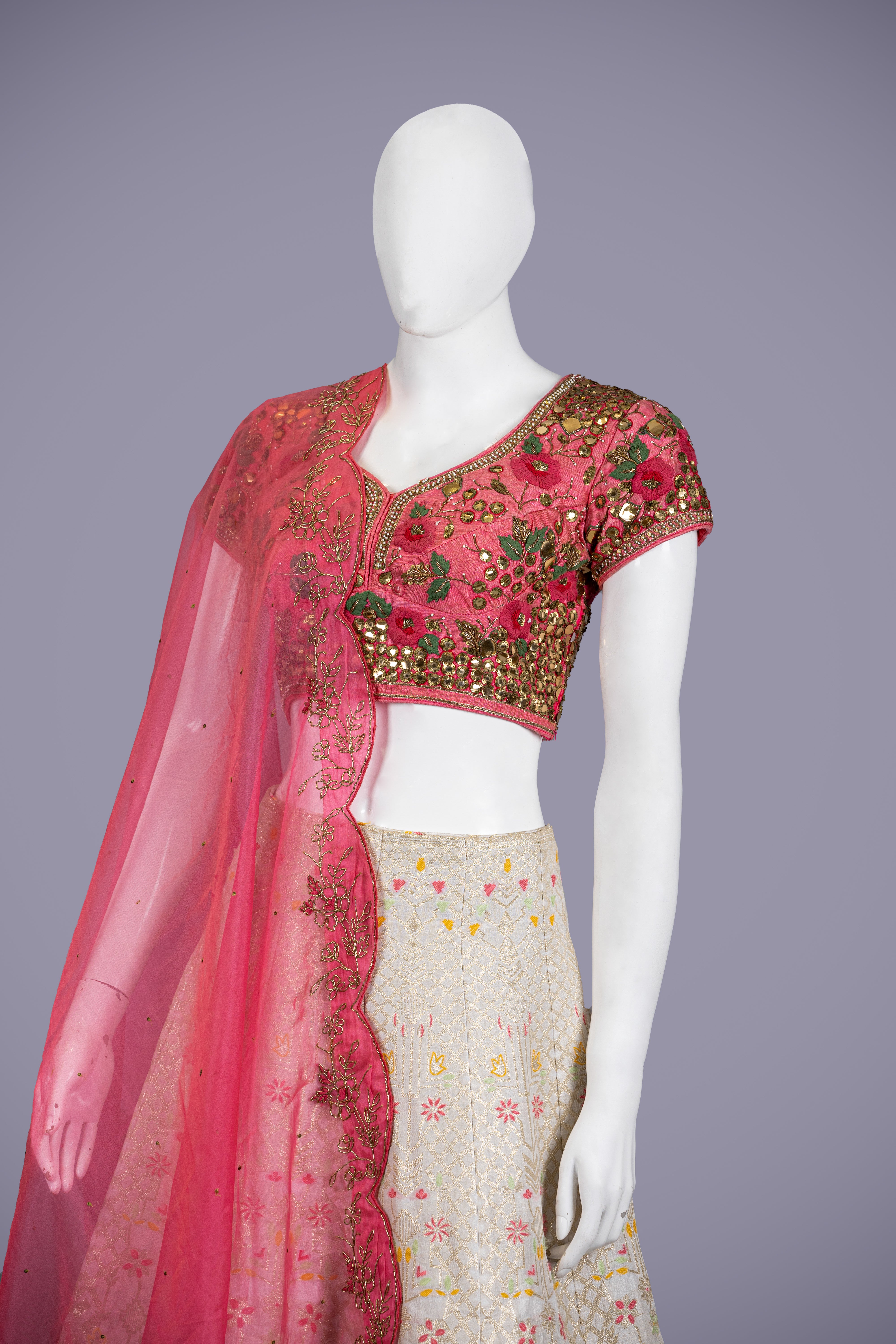 Elegant Pink & Cream Lehenga Choli with Hand Work Pal Moti - Shreeman