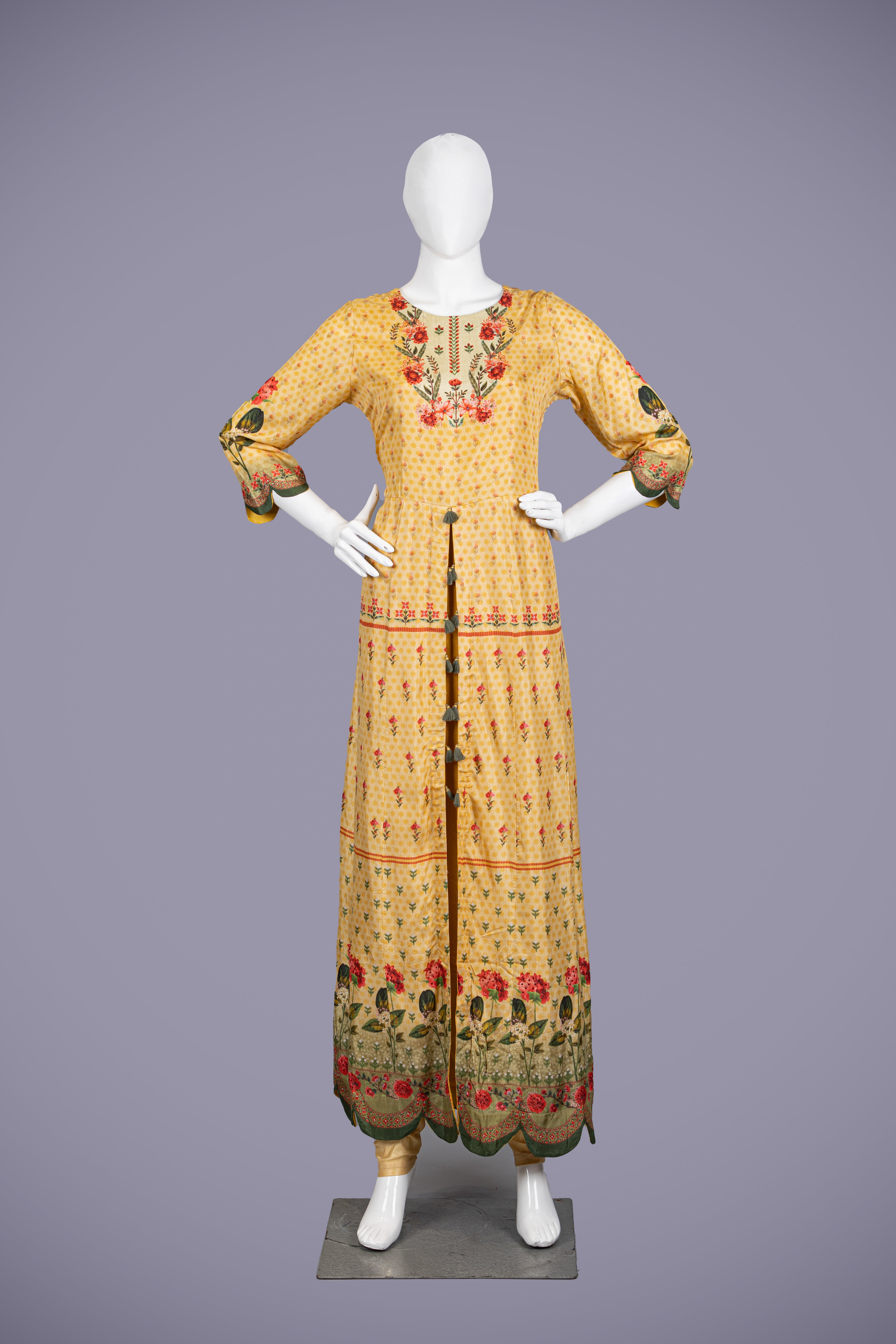 Yellow Kurti Top with Silk Fabric and Printed Work - Shreeman