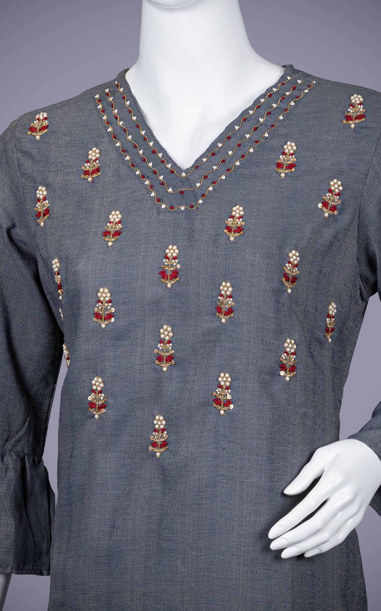 Gray Kurti Top with Embroidery - Shreeman