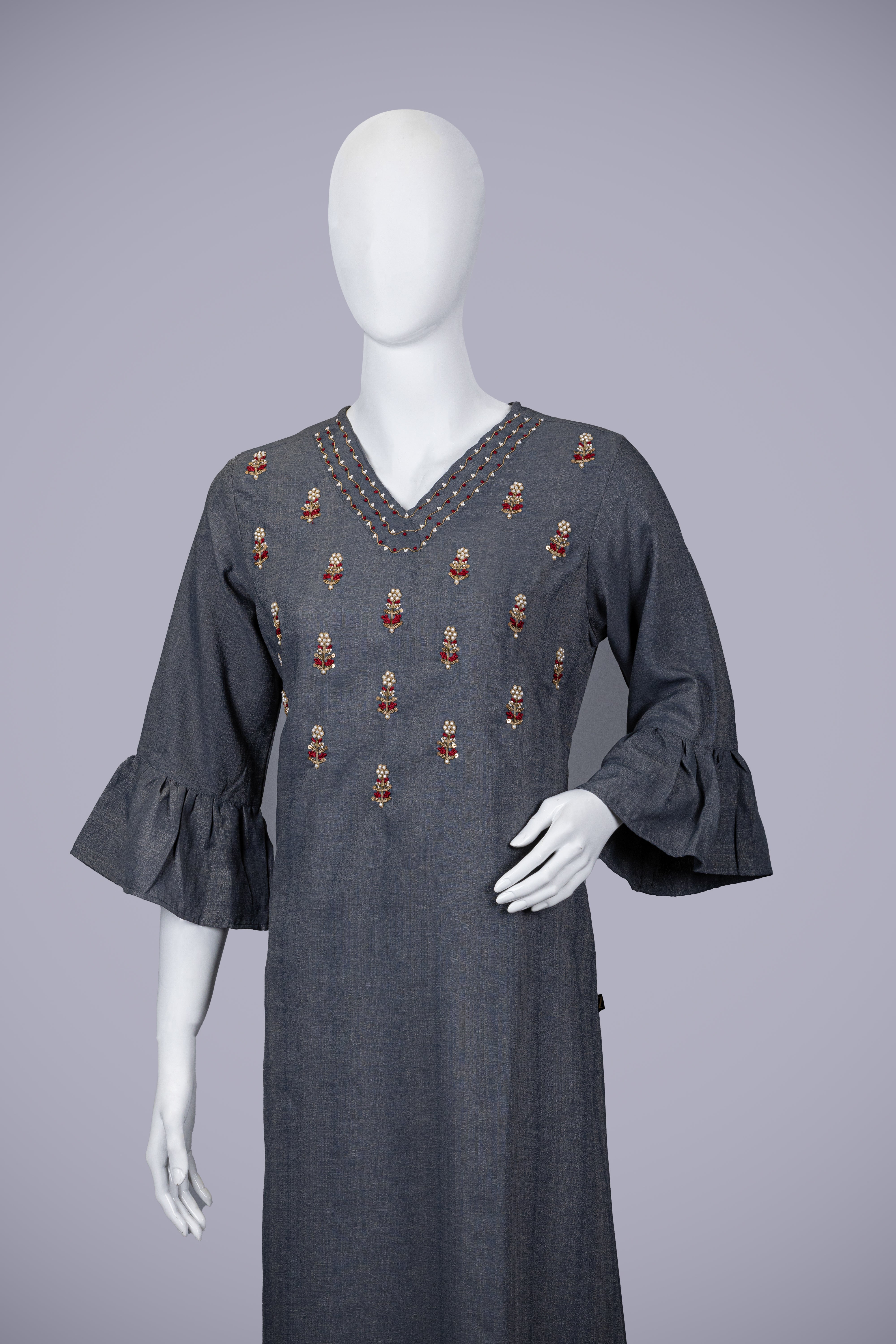 Gray Kurti Top with Embroidery - Shreeman