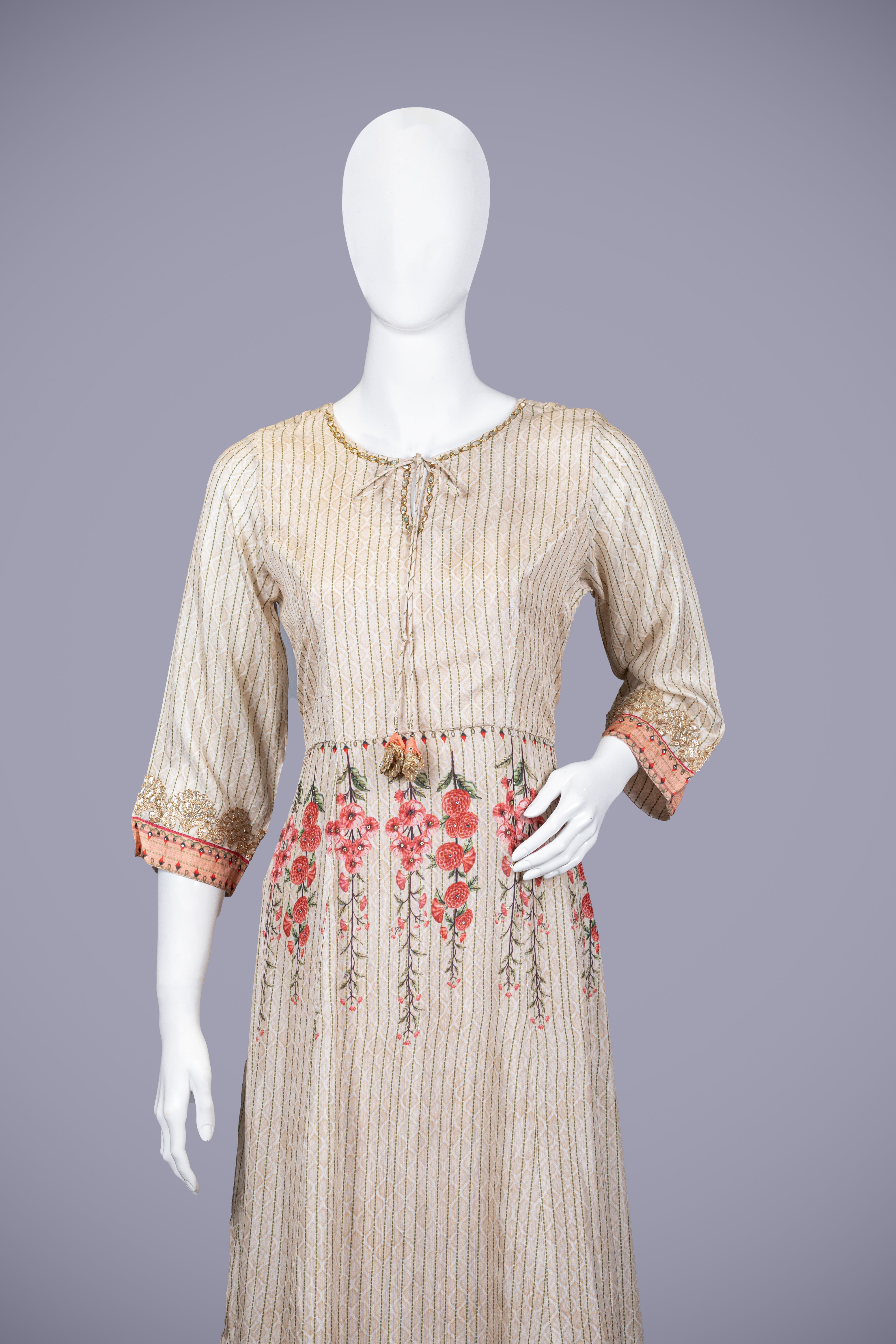 Off White & Cream Kurti Top with Printed Work - Shreeman