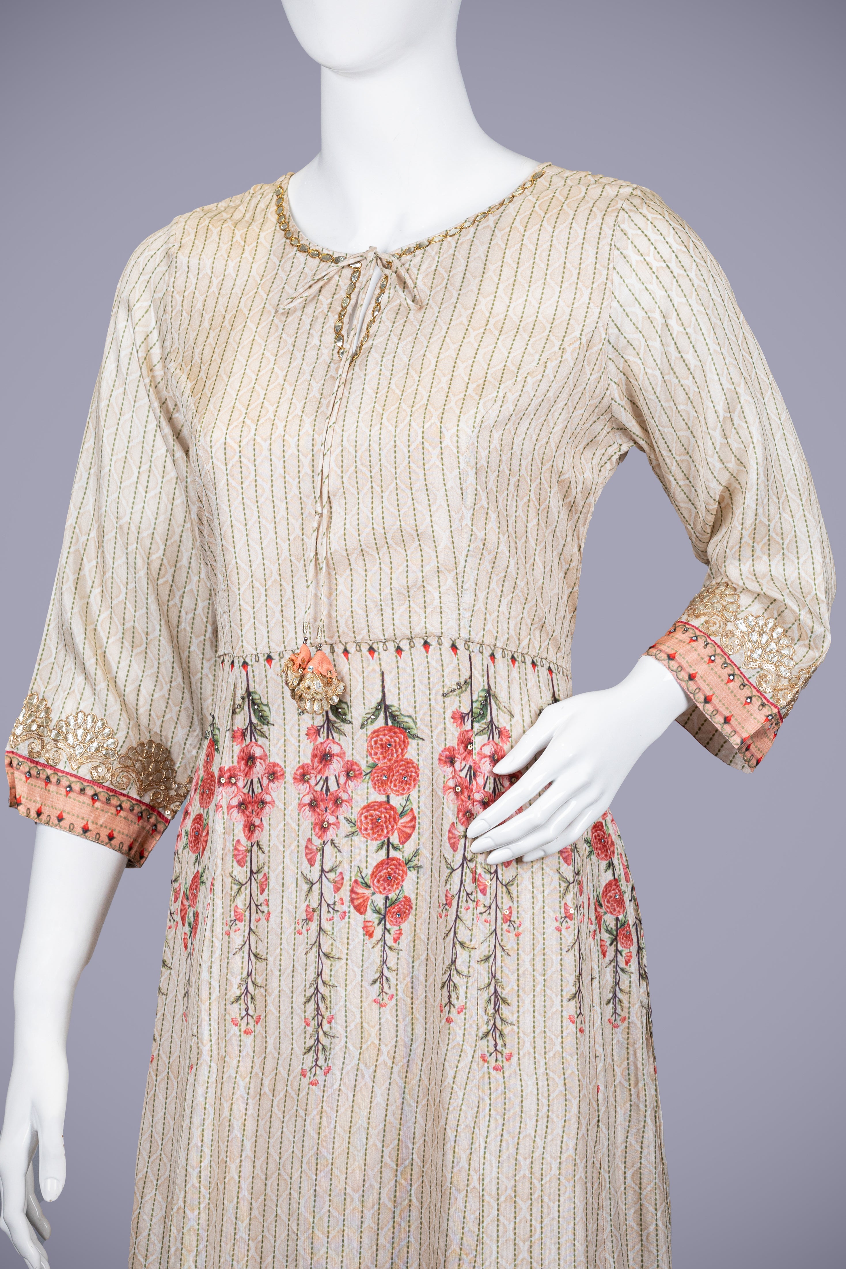 Off White & Cream Kurti Top with Printed Work - Shreeman