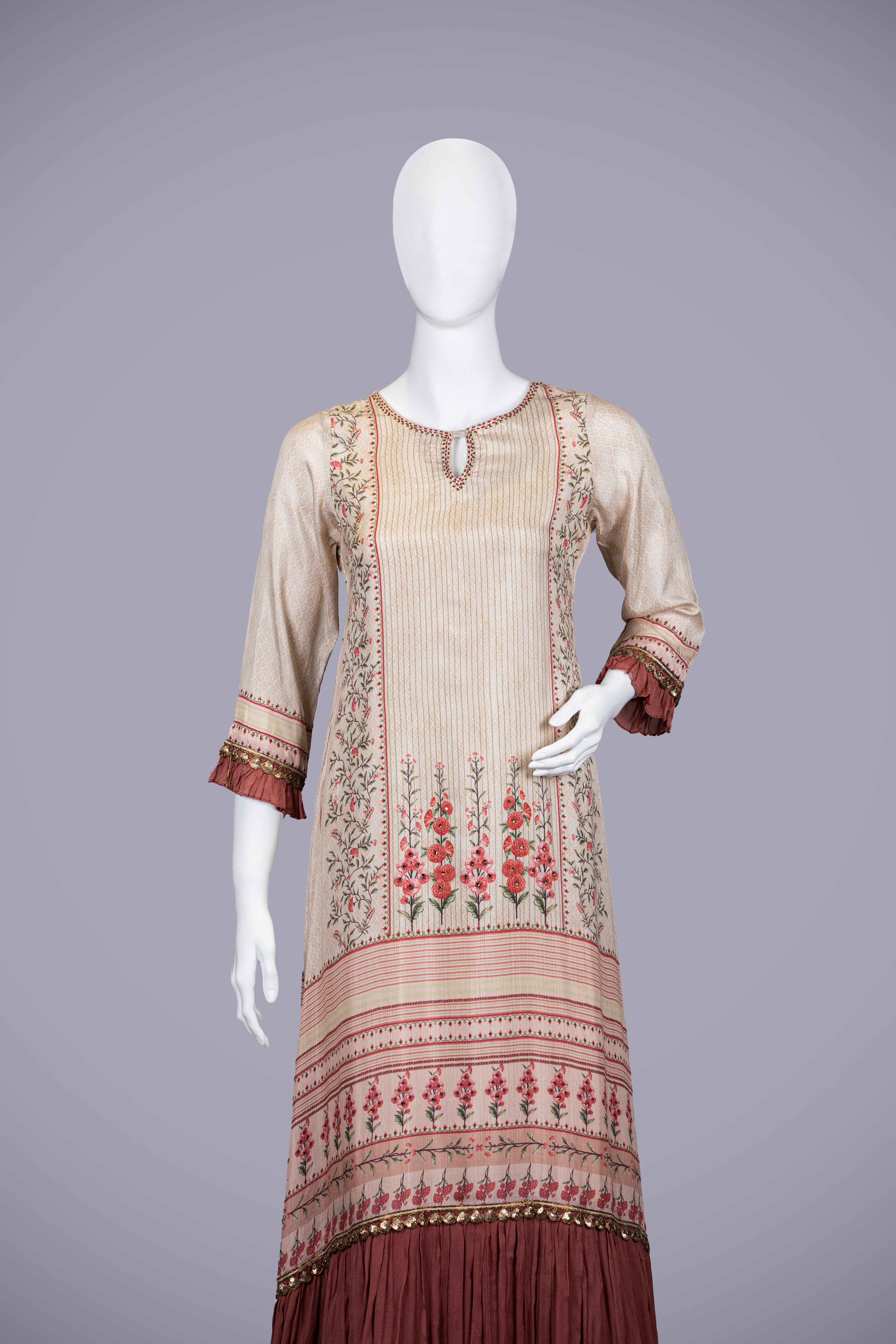 Gold & Pink Kurti Top with Printed Work - Shreeman