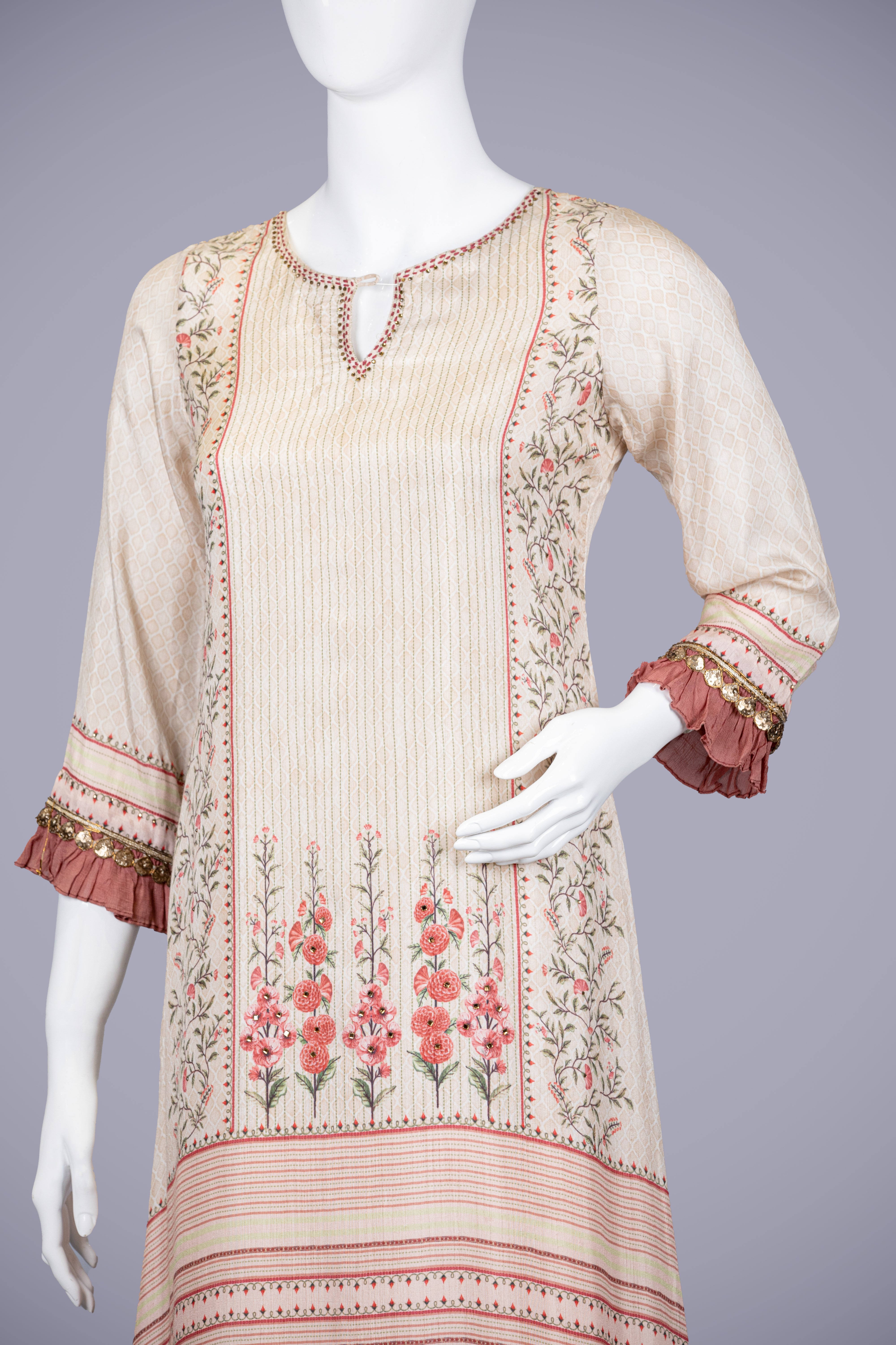 Gold & Pink Kurti Top with Printed Work - Shreeman