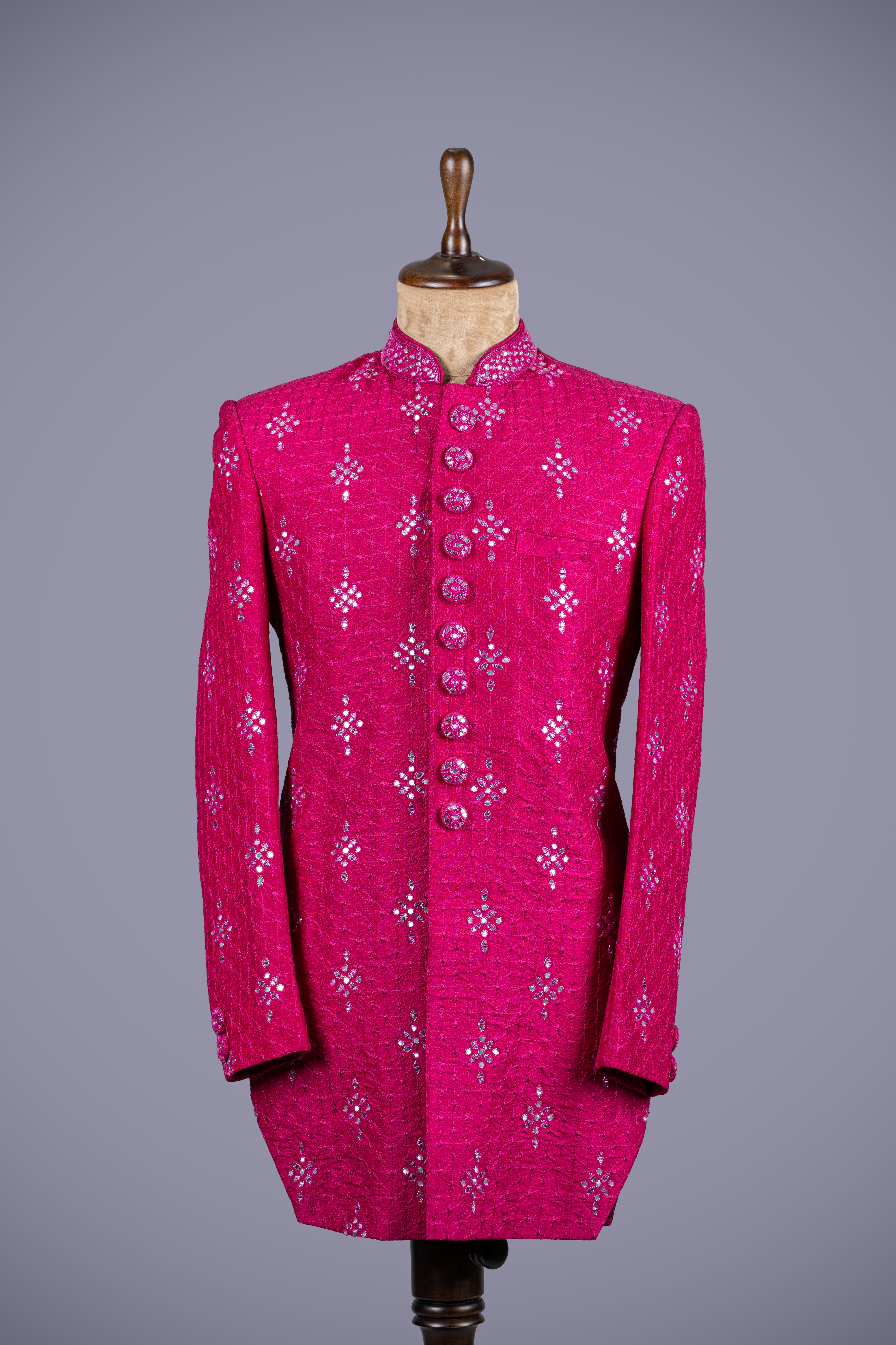 Pink Mirror Work Sherwani with Hand Embroidery - Shreeman