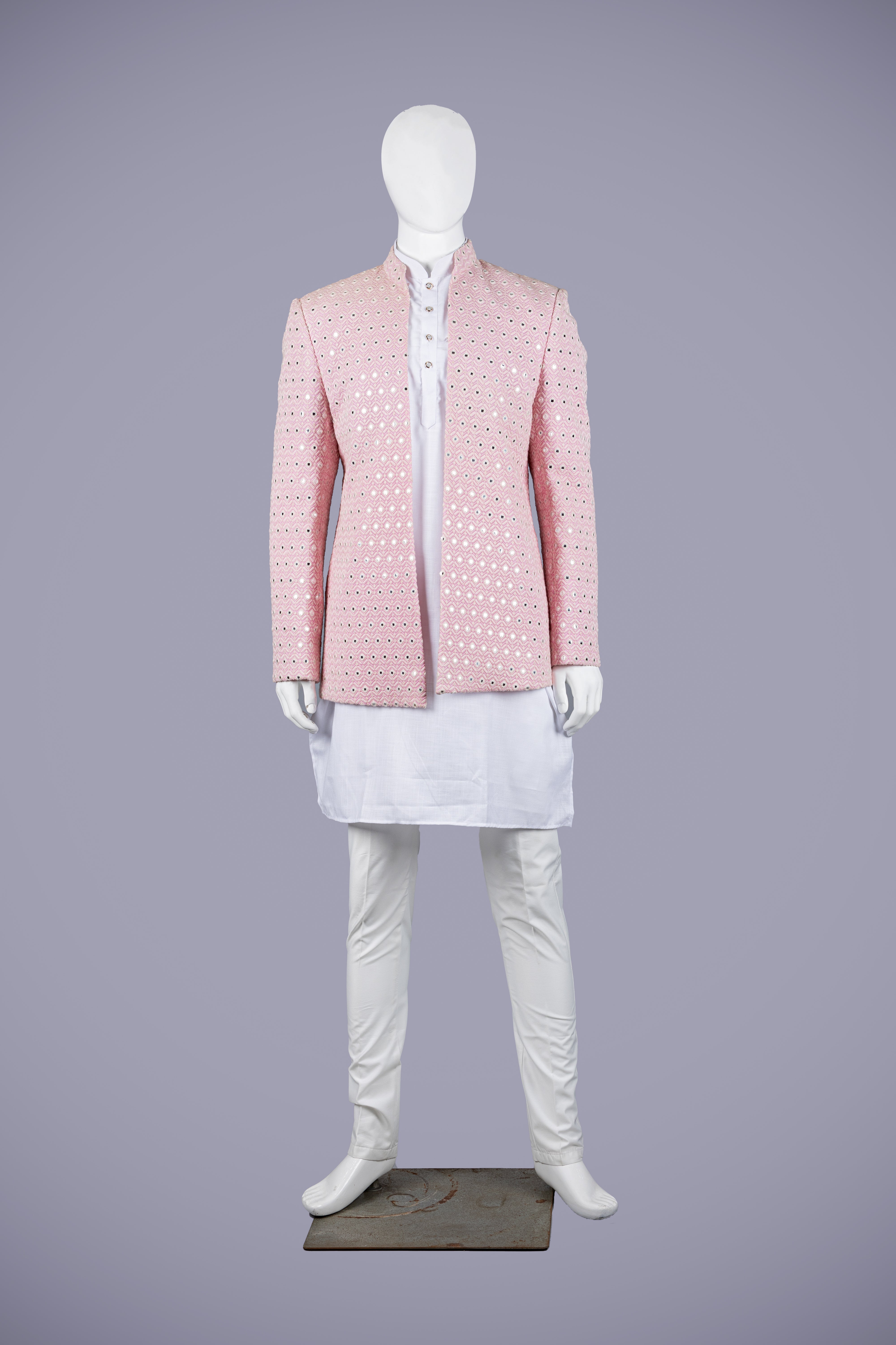 Pink Lakhnavi Jodhpuri Set with White Kurta & Pant - Shreeman