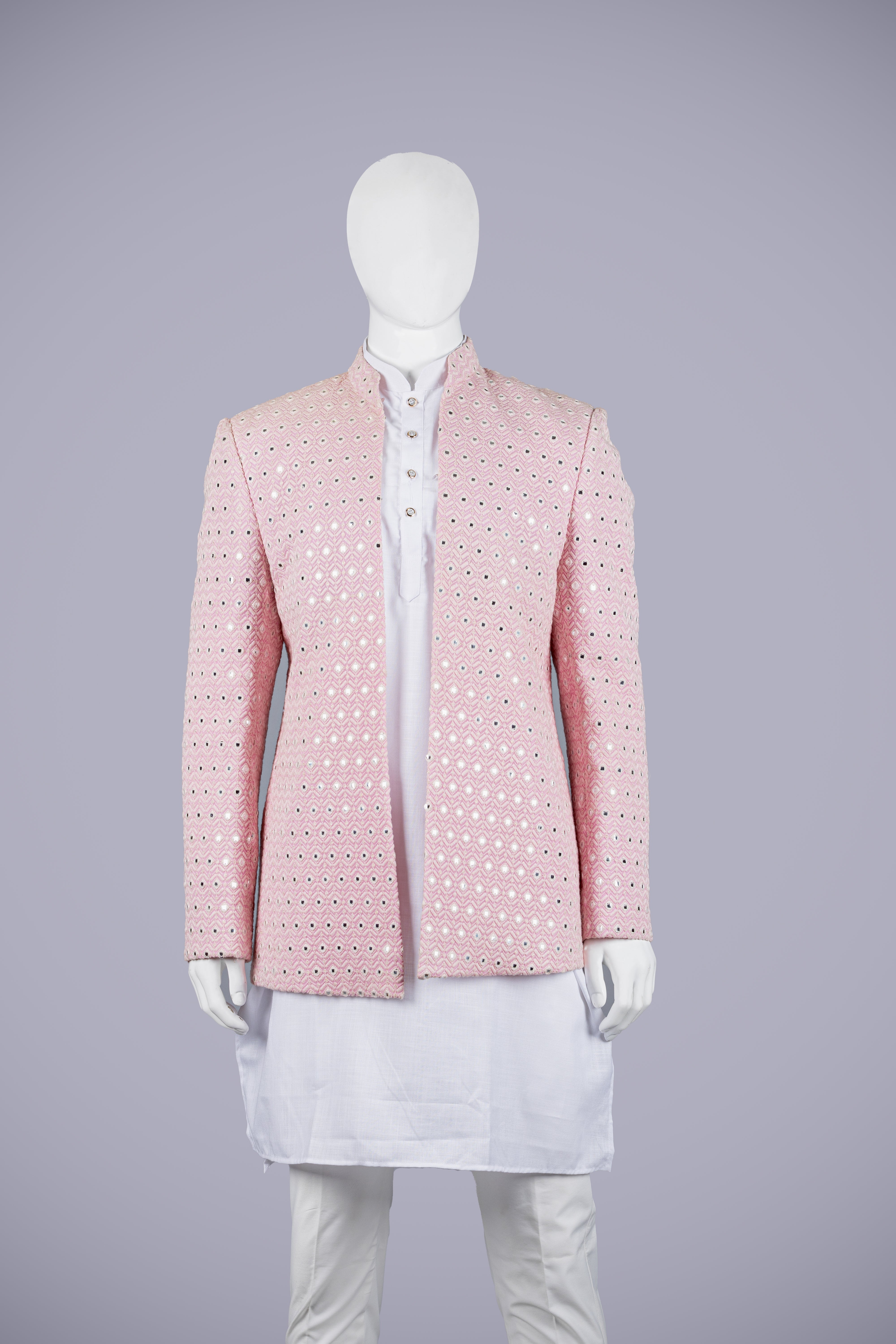 Pink Lakhnavi Jodhpuri Set with White Kurta & Pant - Shreeman