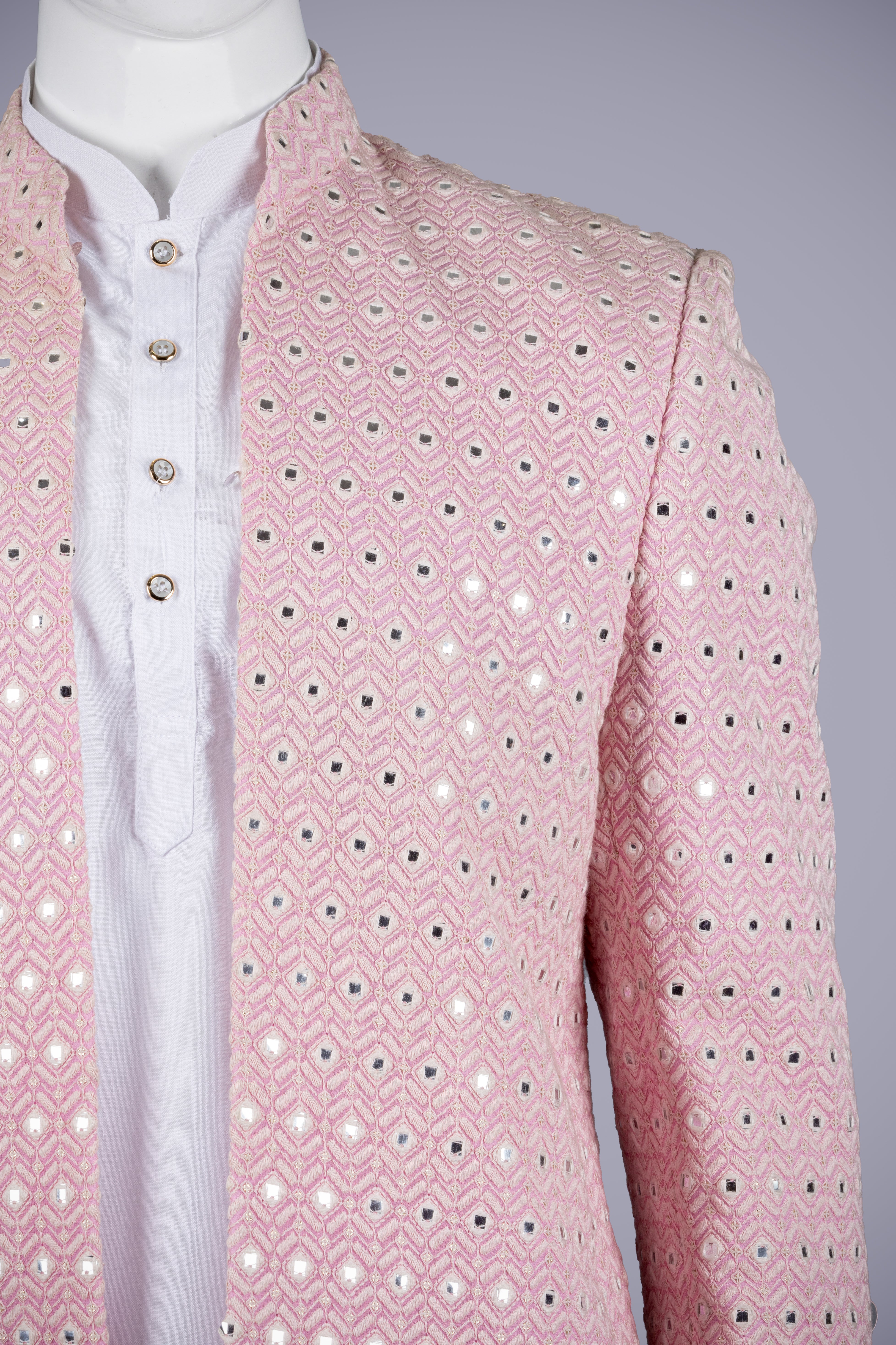 Pink Lakhnavi Jodhpuri Set with White Kurta & Pant - Shreeman