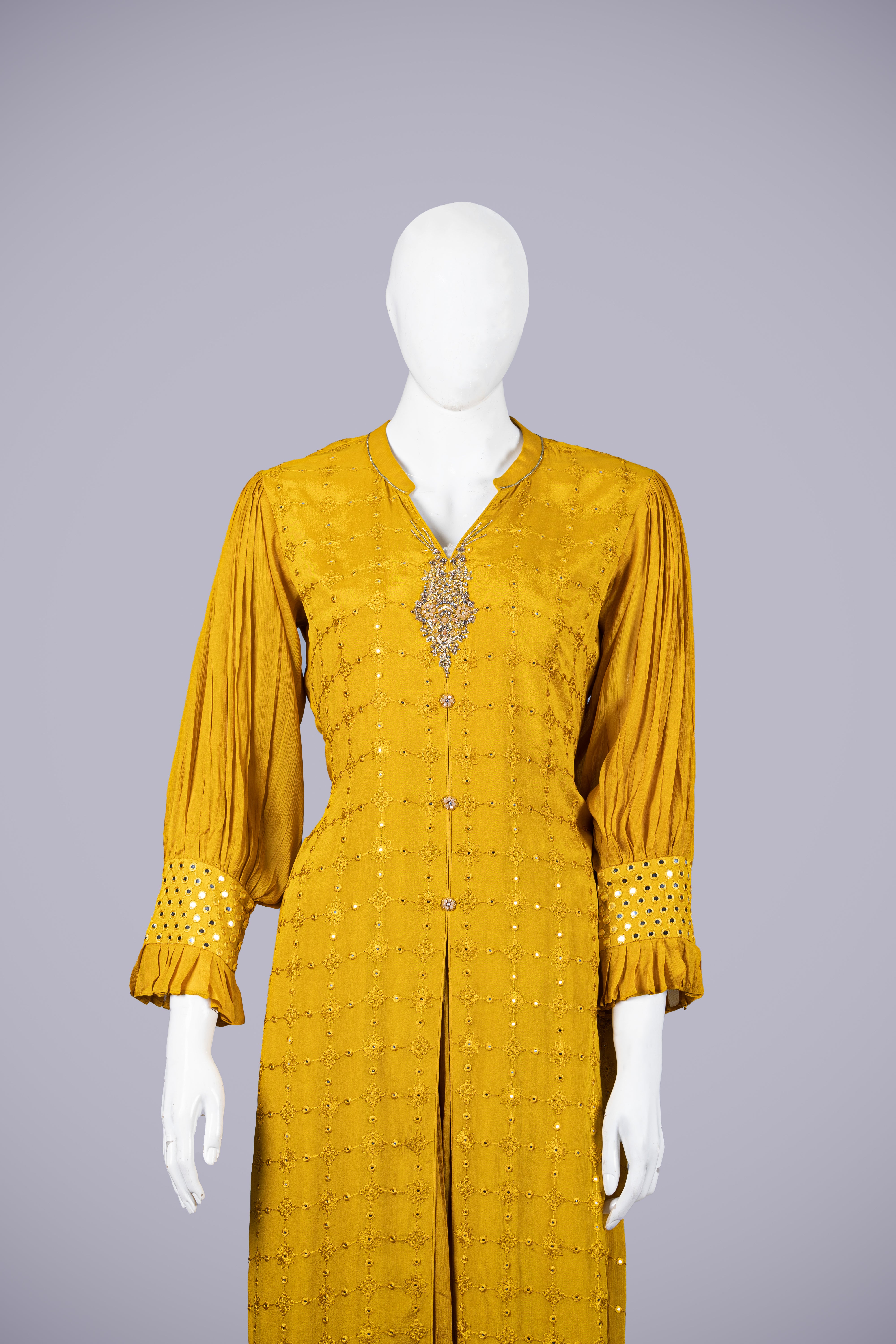 Flowy Yellow Palazzo Set with Laknavi Work - Shreeman