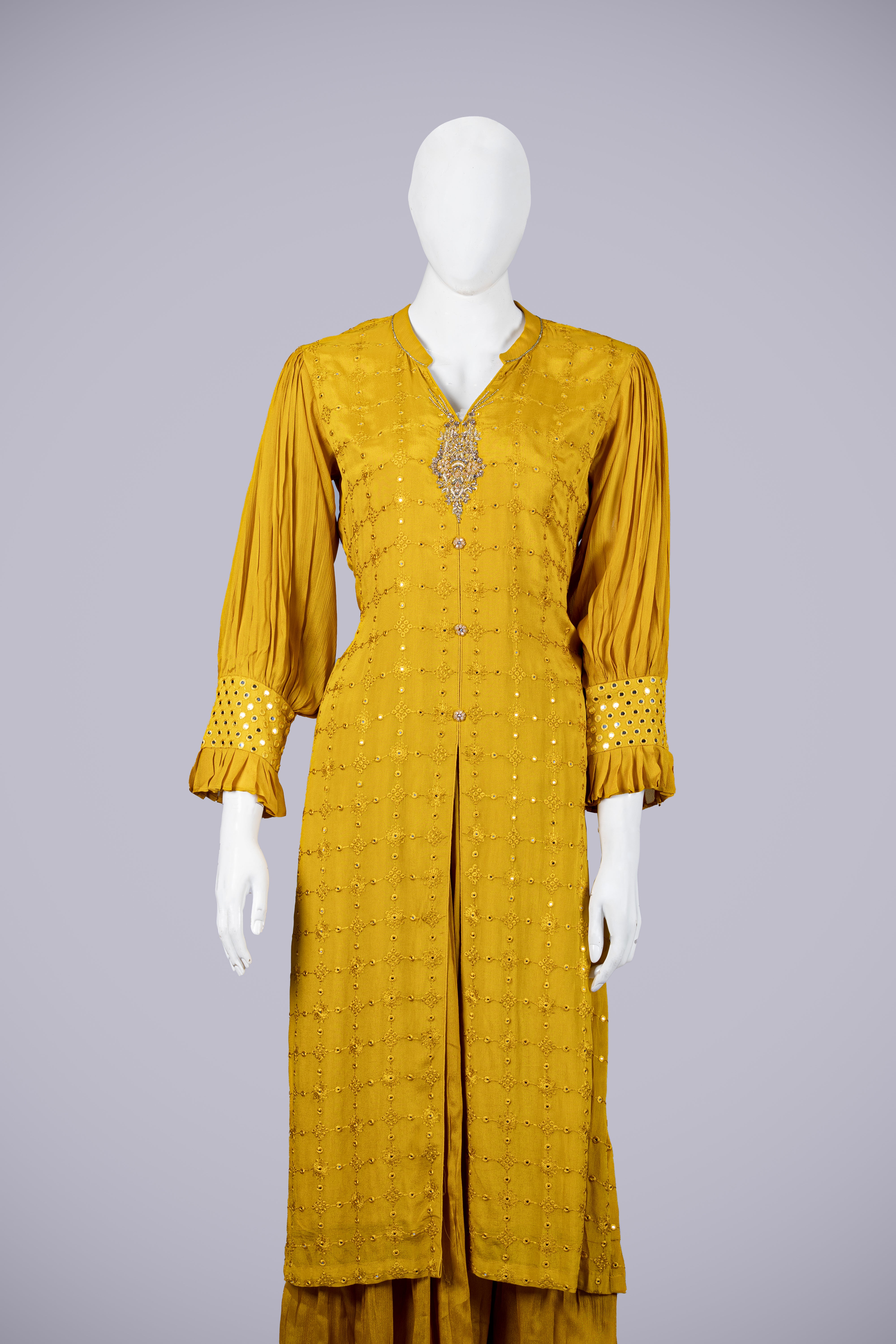 Flowy Yellow Palazzo Set with Laknavi Work - Shreeman