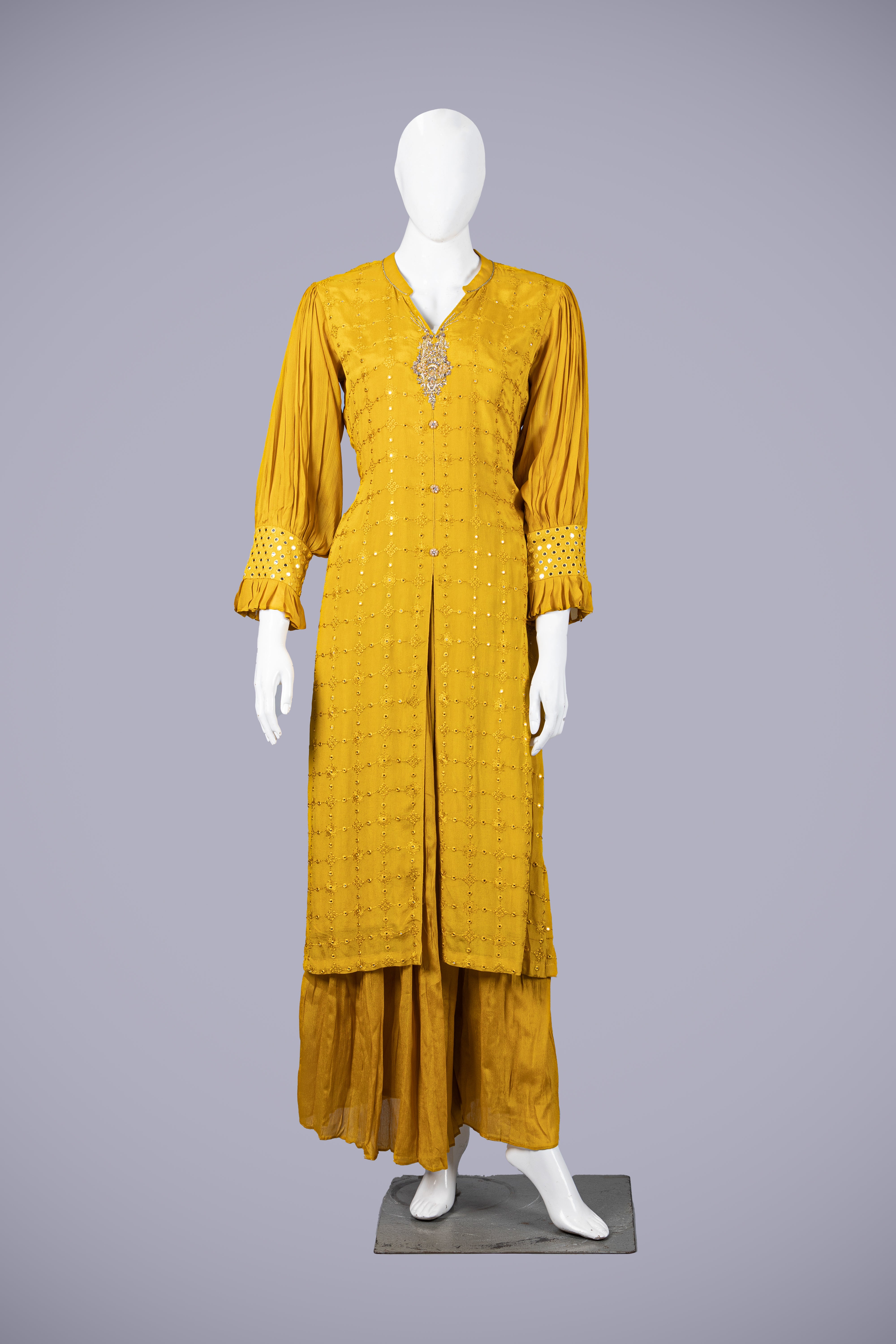 Flowy Yellow Palazzo Set with Laknavi Work - Shreeman