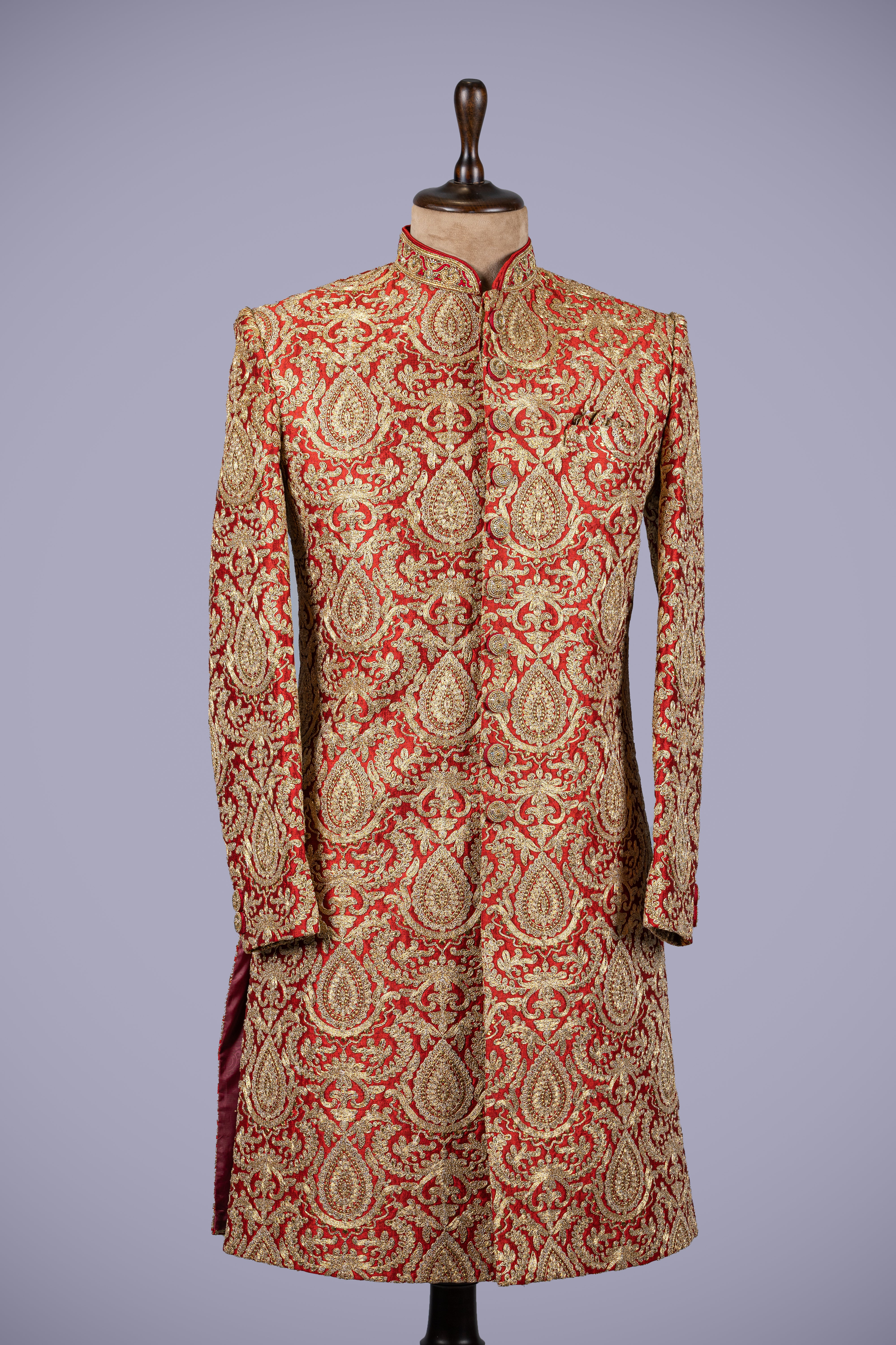 Red Sherwani with Machine Kasab Work - Shreeman