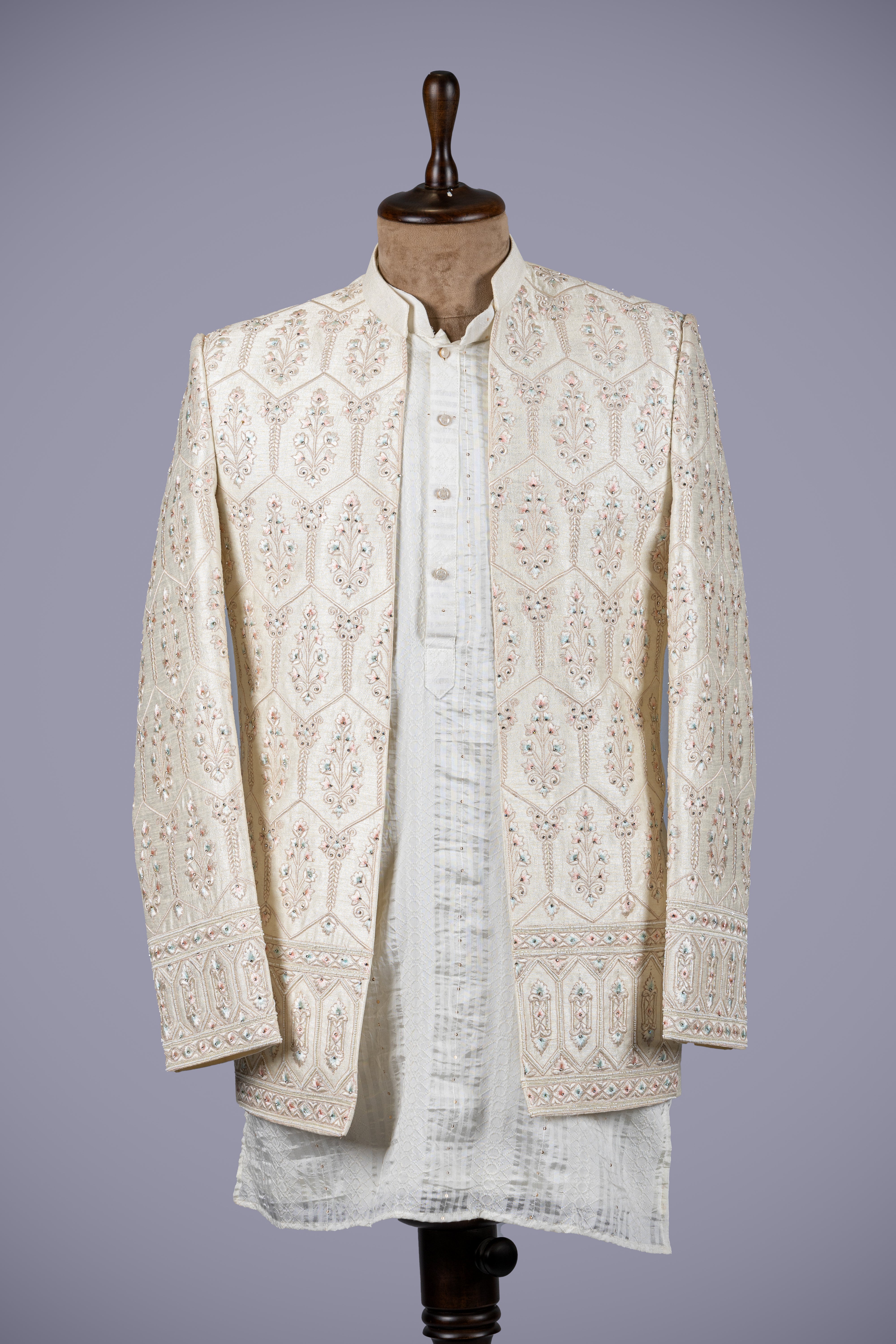 Cream Jodhpuri Set with Embroidered & Machine Work - Shreeman