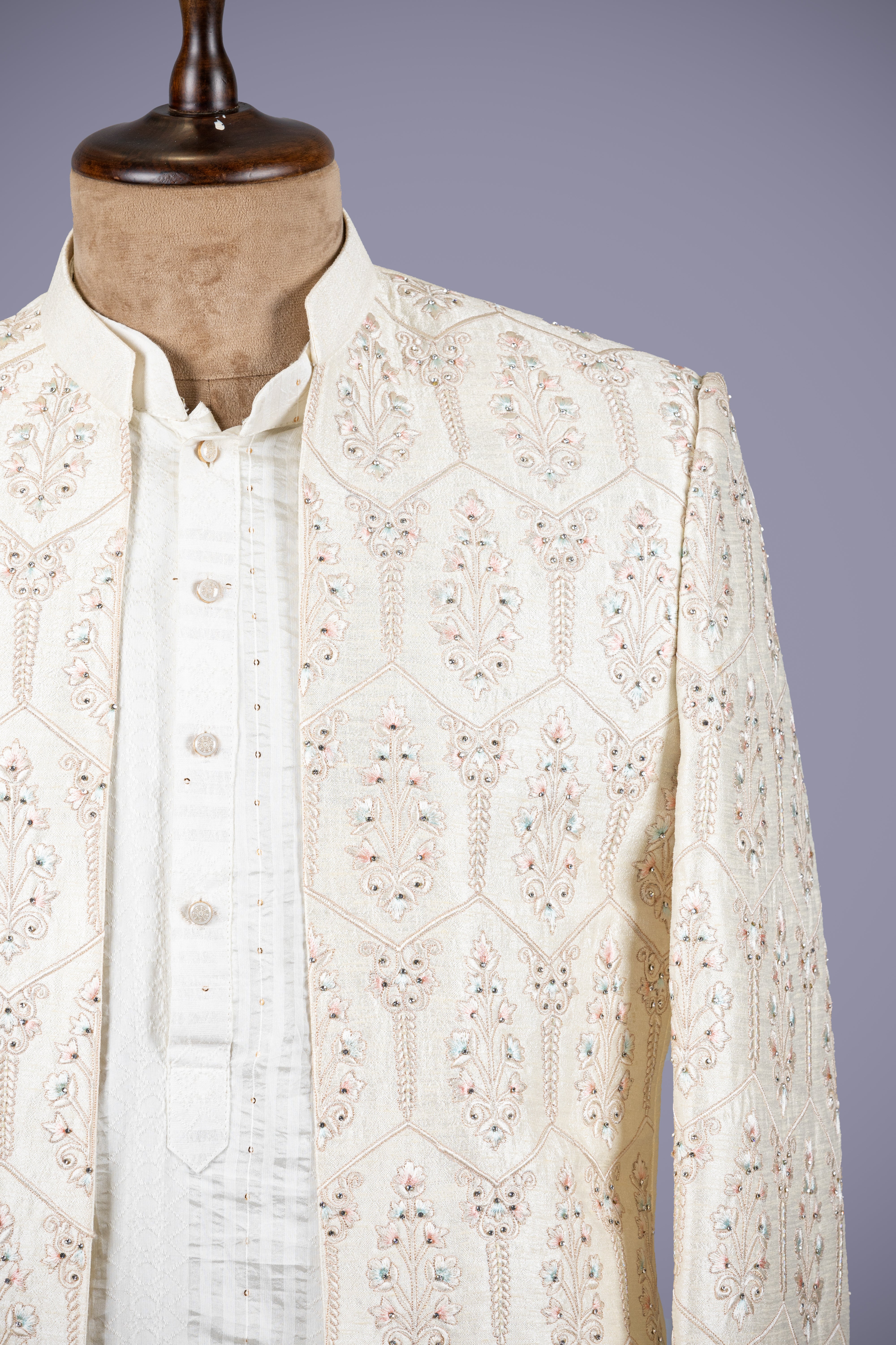 Cream Jodhpuri Set with Embroidered & Machine Work - Shreeman