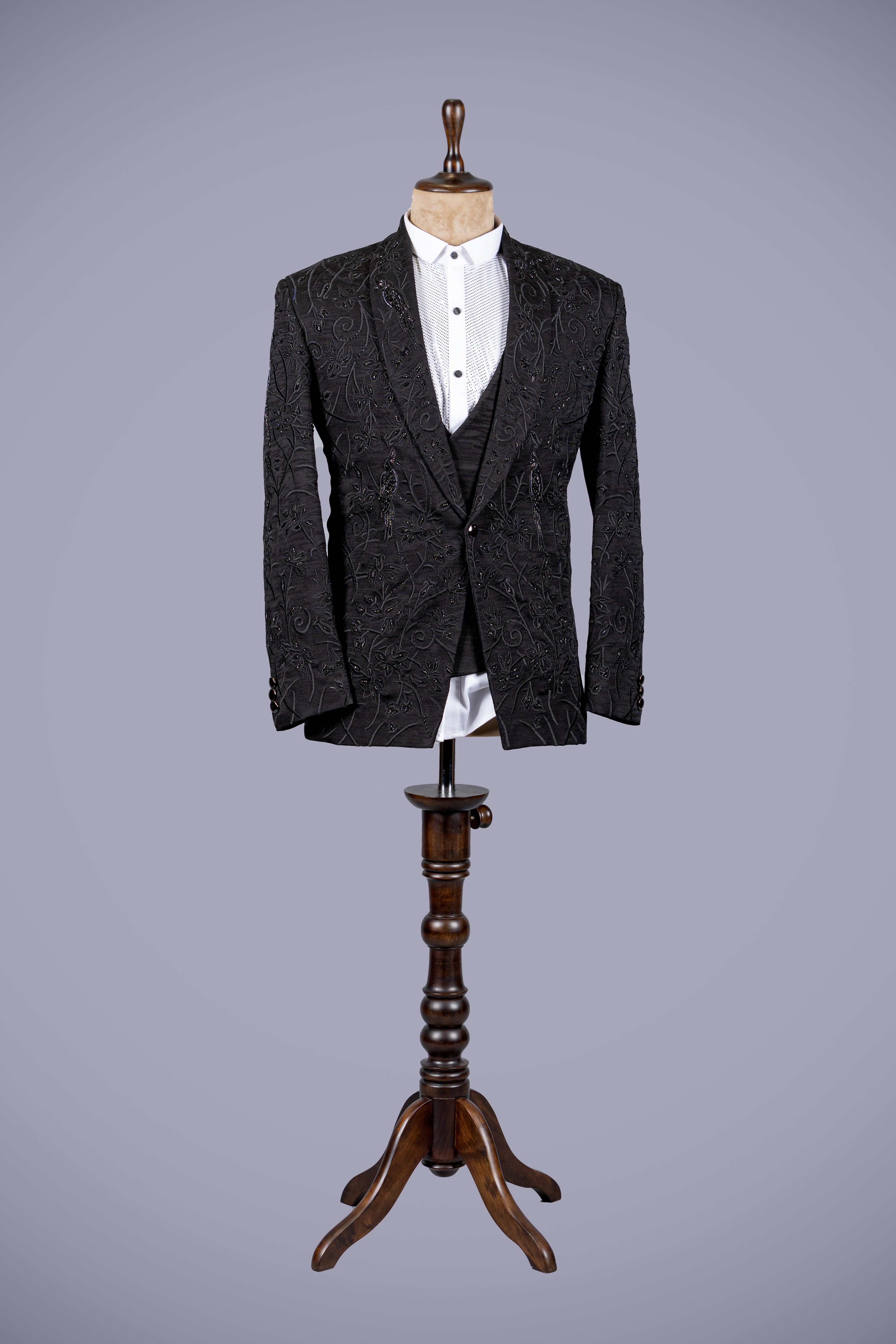 Black Suit with Machine & Handwork Accents - Shreeman