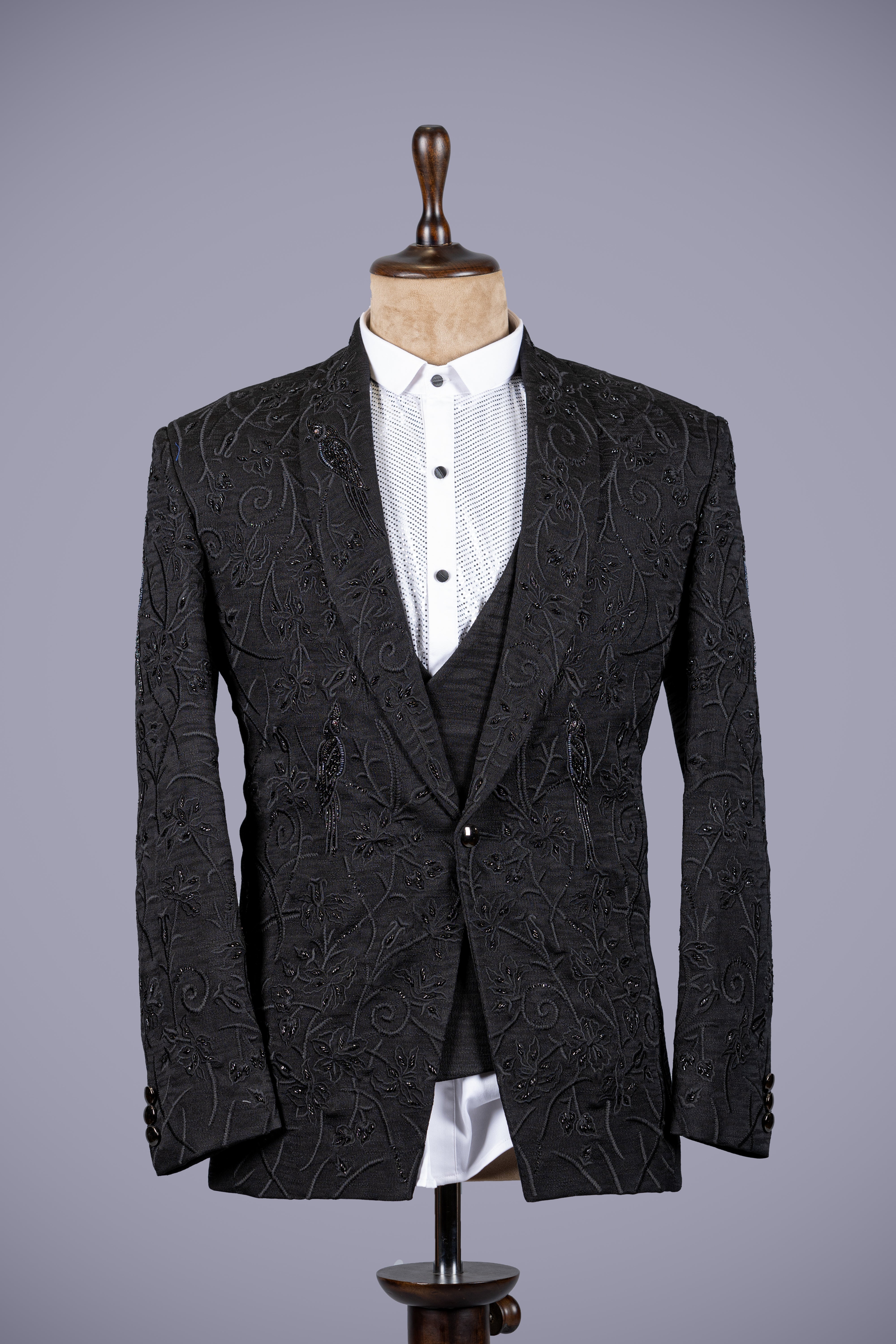 Black Suit with Machine & Handwork Accents - Shreeman