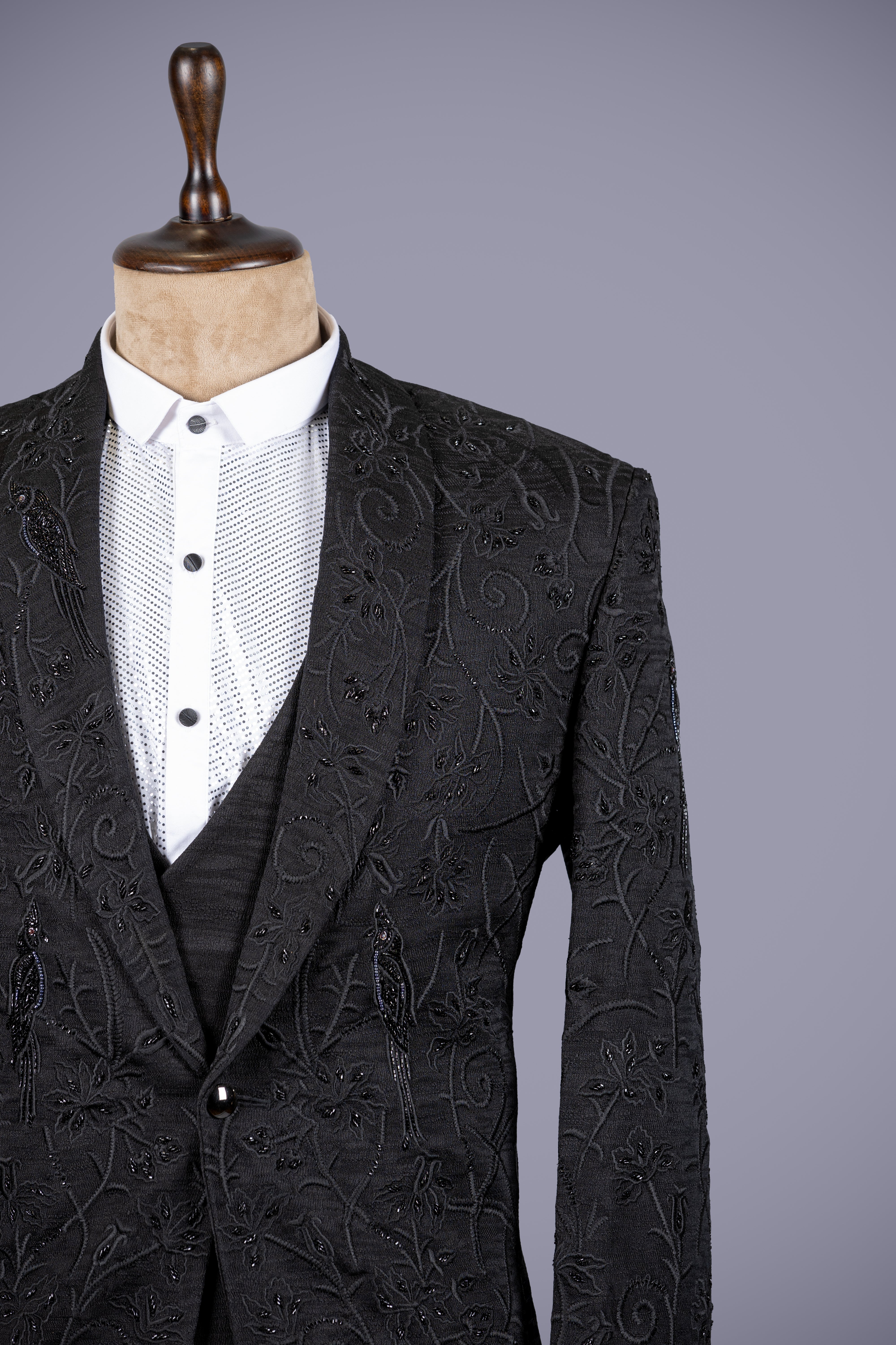 Black Suit with Machine & Handwork Accents - Shreeman