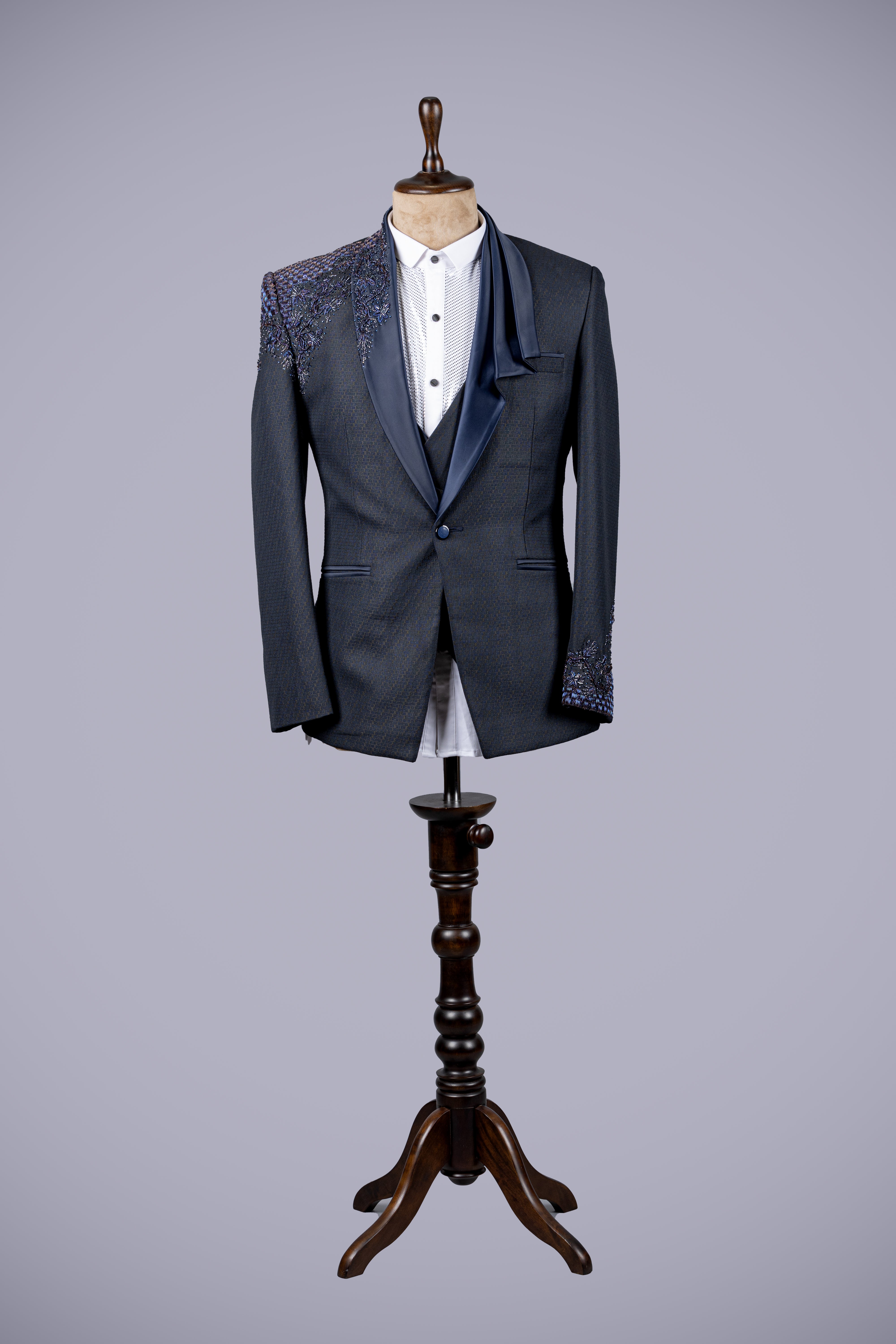 Navy Blue 3-Piece Suit with Hand Embroidery - Shreeman