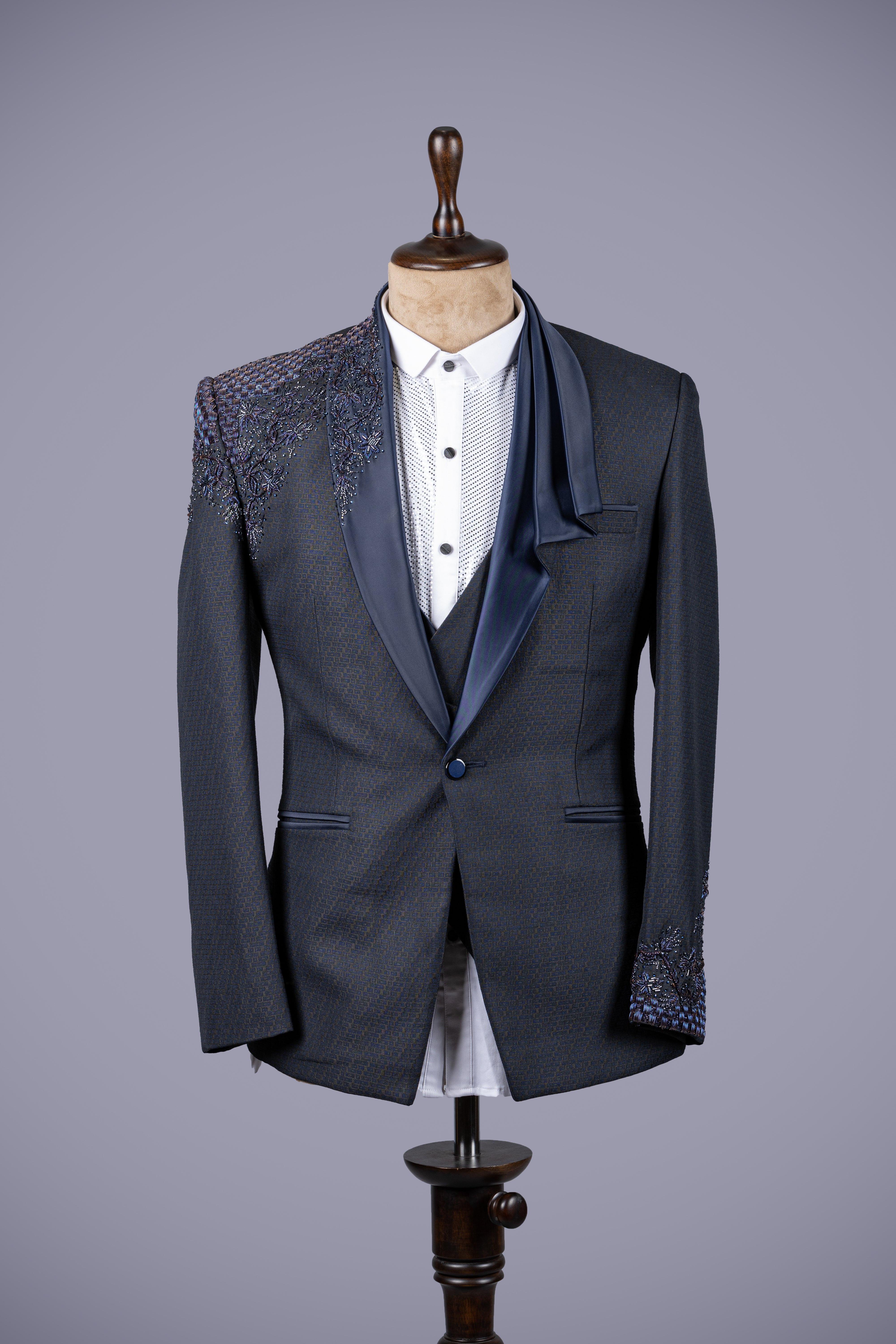 Navy Blue 3-Piece Suit with Hand Embroidery - Shreeman