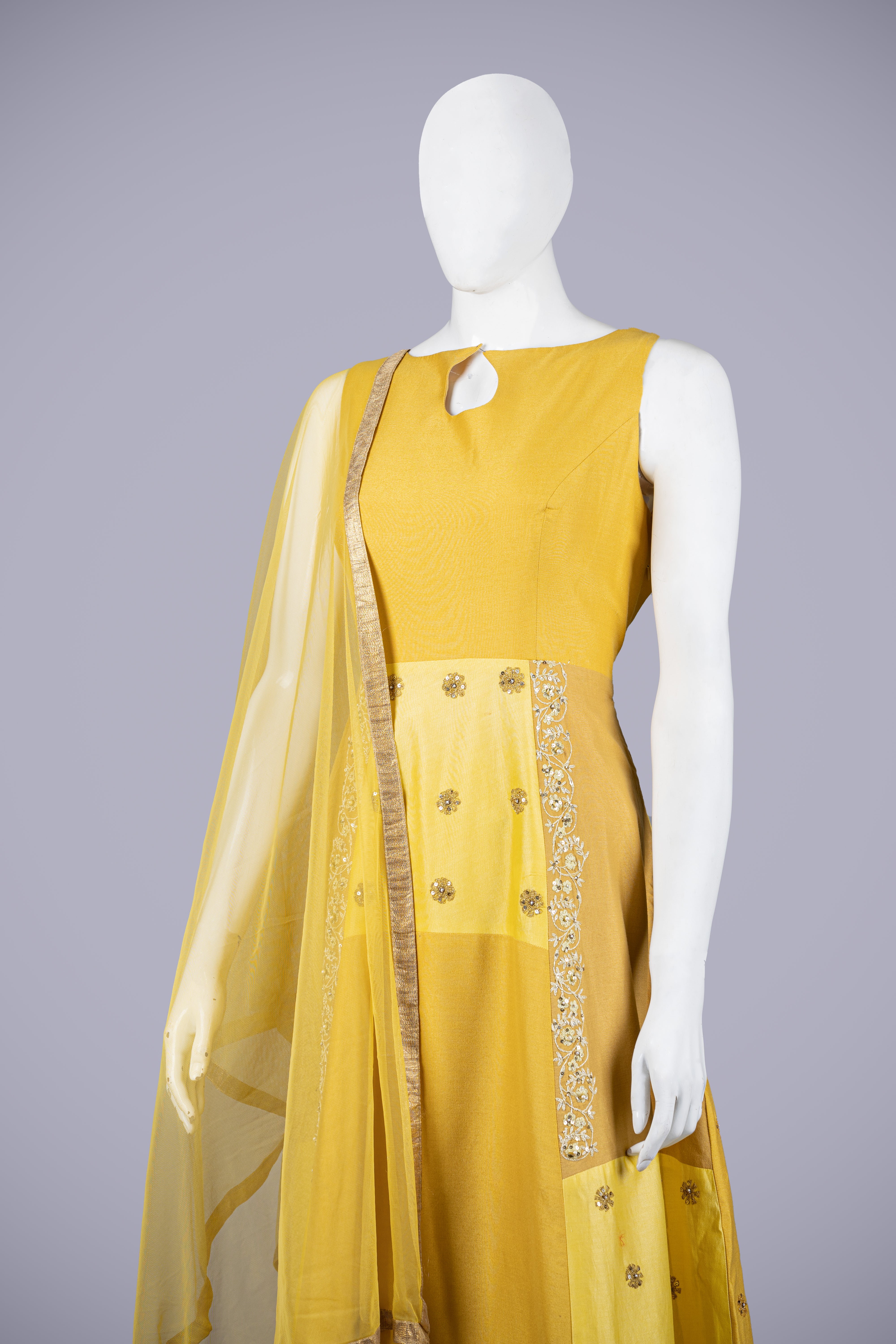 Yellow Gold Silk Gown with Beadwork - Shreeman