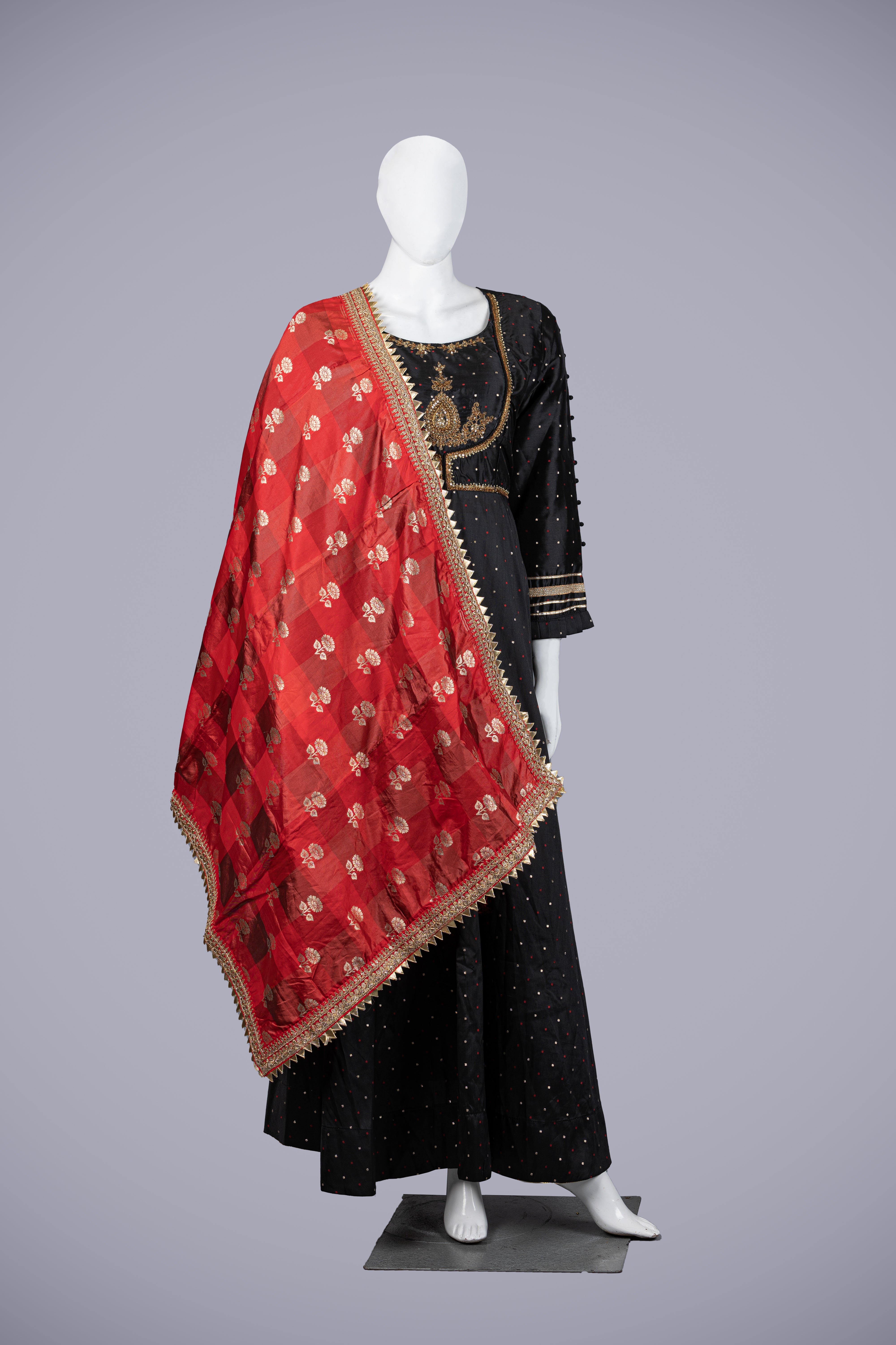 Black Silk Gown with Jardozi Dupatta - Shreeman