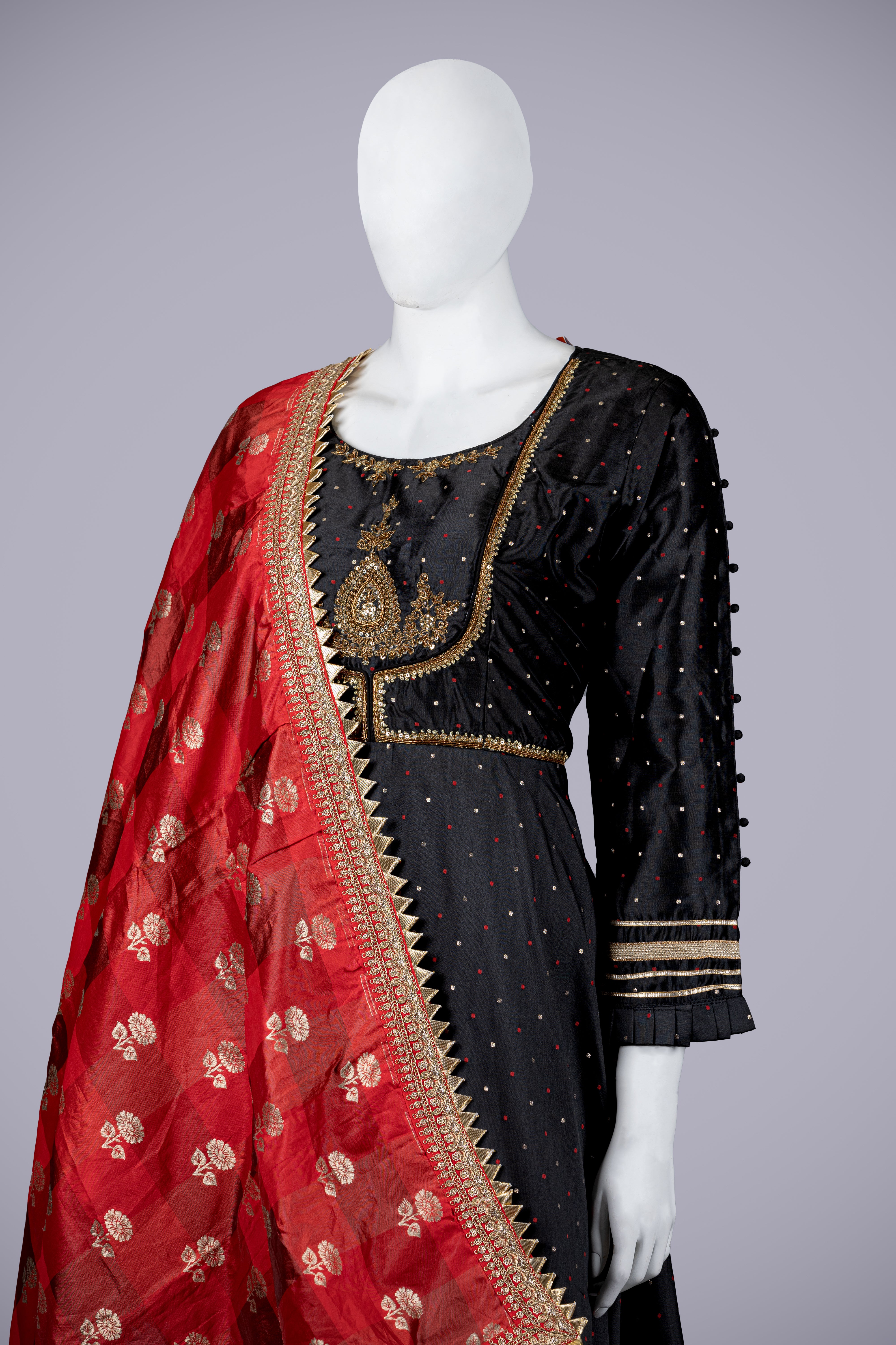 Black Silk Gown with Jardozi Dupatta - Shreeman