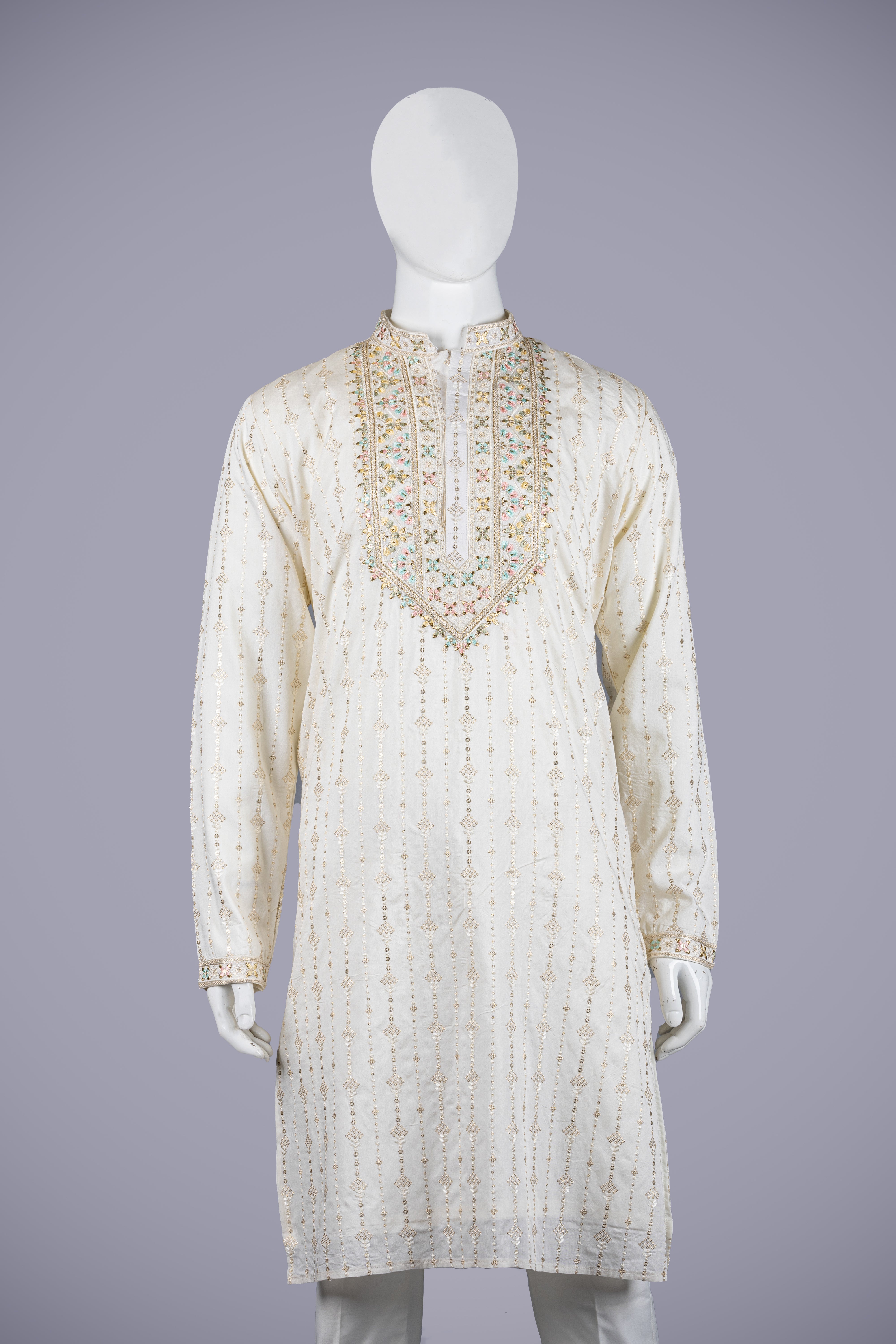 Cream Chanderi Kurta Set with Machine Embroidery & Pent - Shreeman