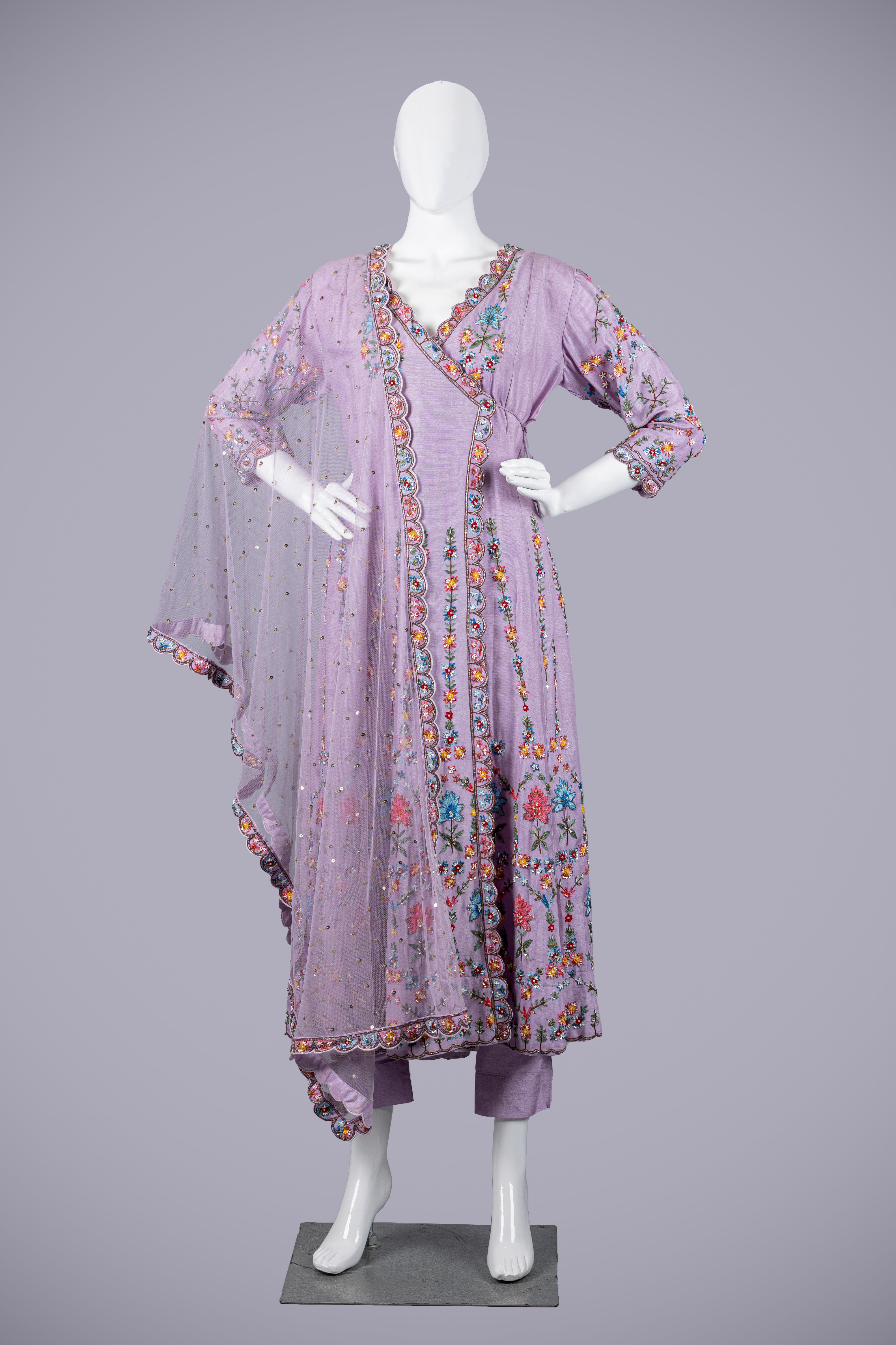 Lilac Silk Gown with Machine Work - Shreeman