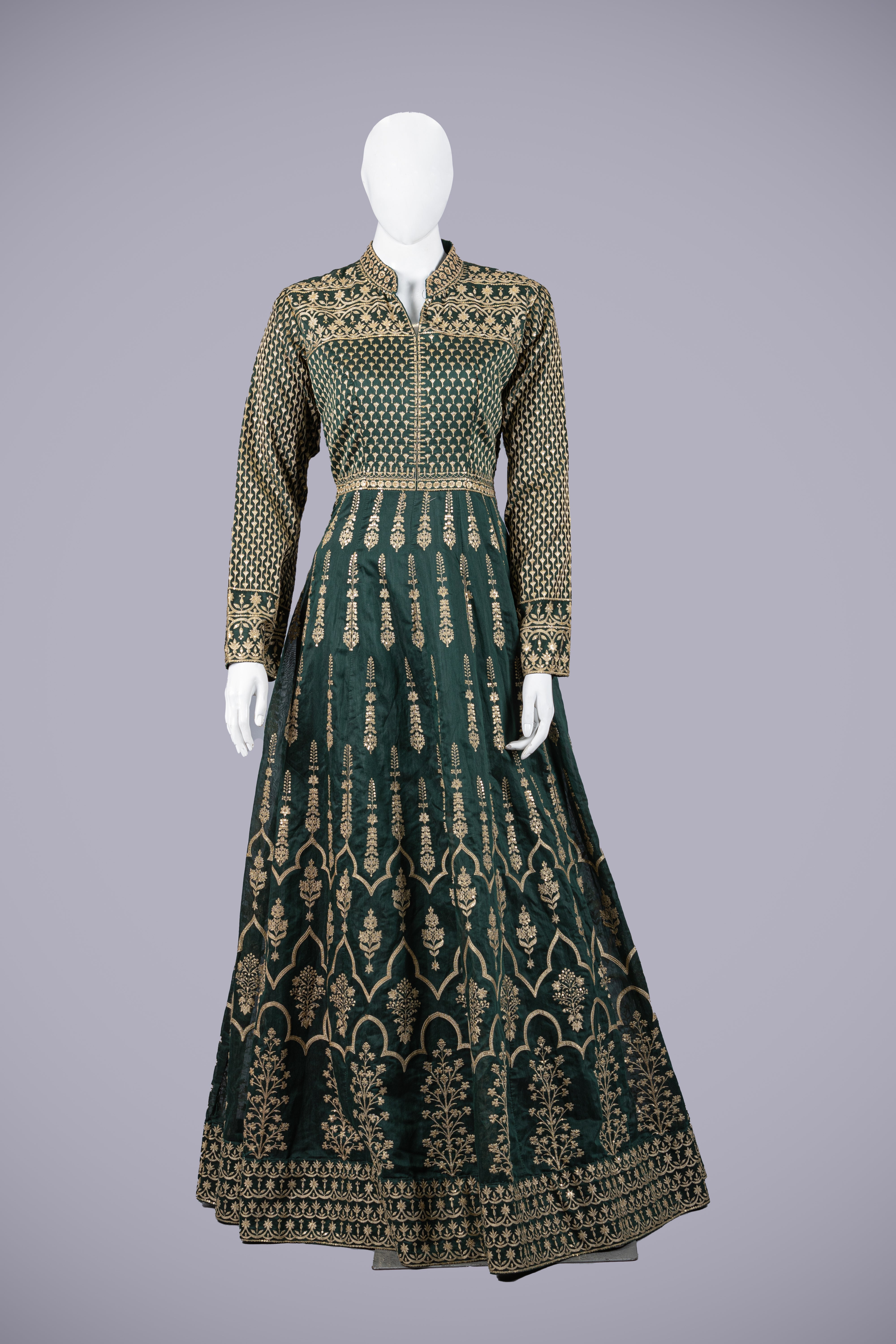 Green Silk Gown with Machine Work - Shreeman