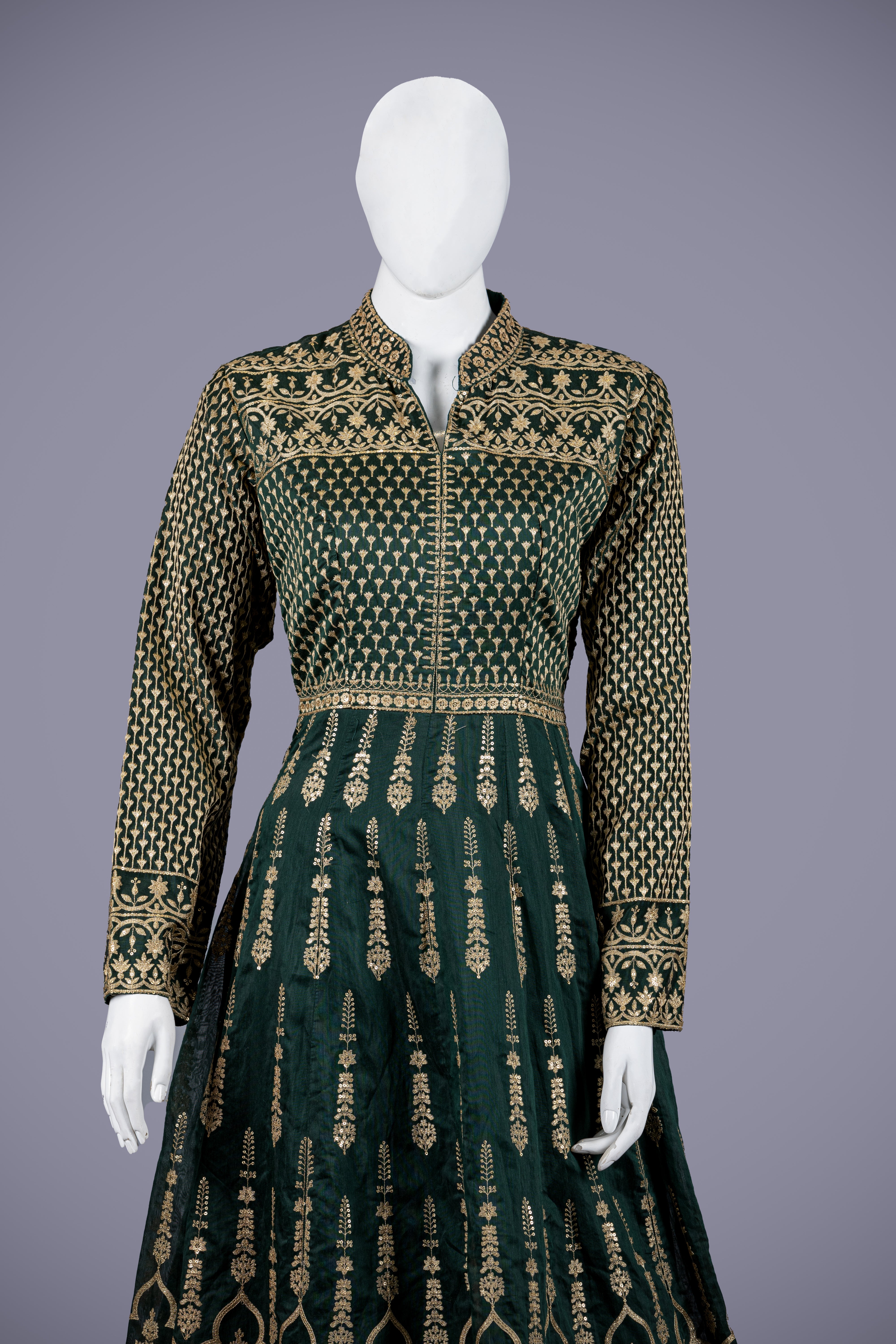 Green Silk Gown with Machine Work - Shreeman