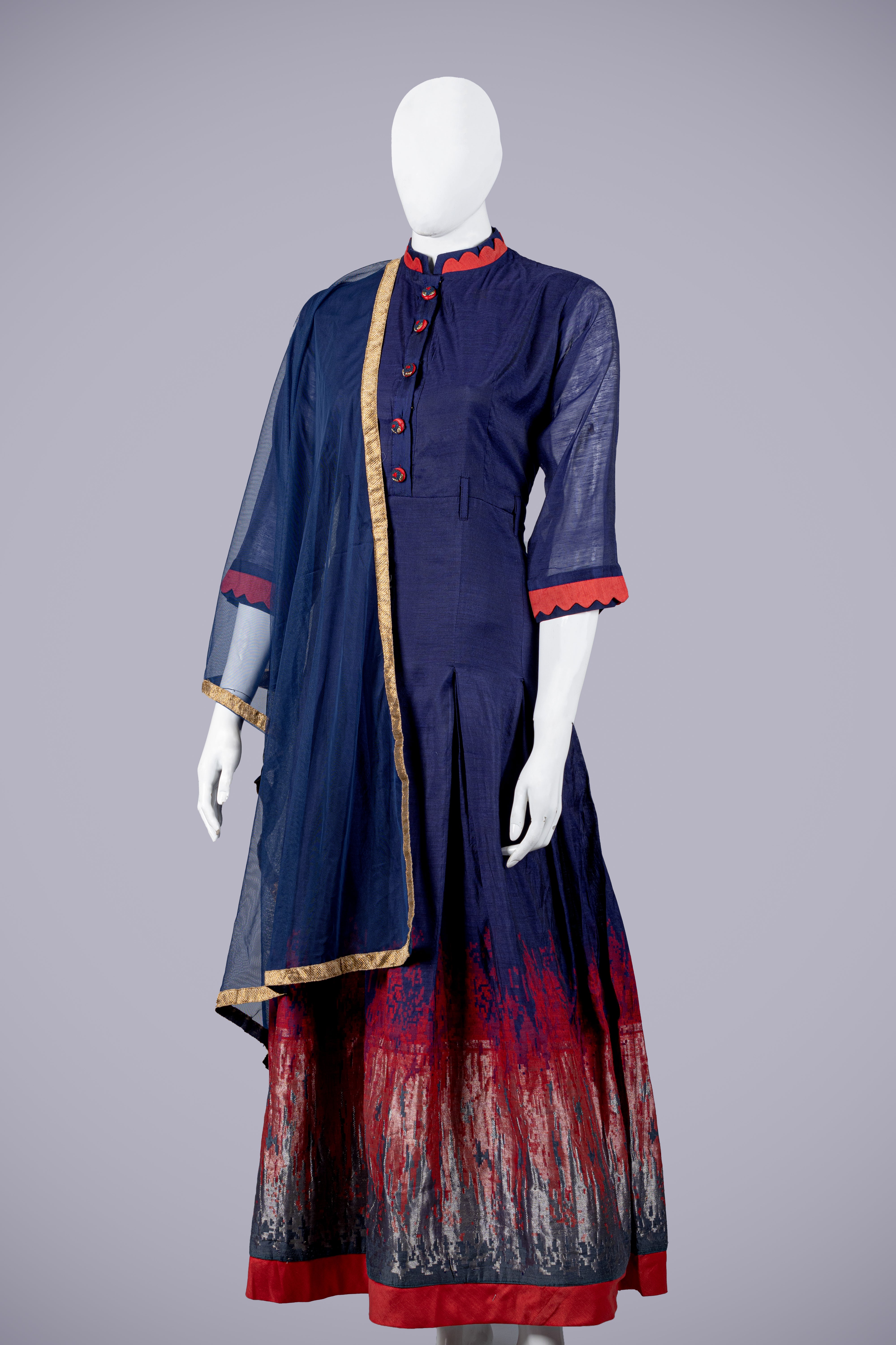 Blue Cotton Silk Gown with Dupatta - Shreeman