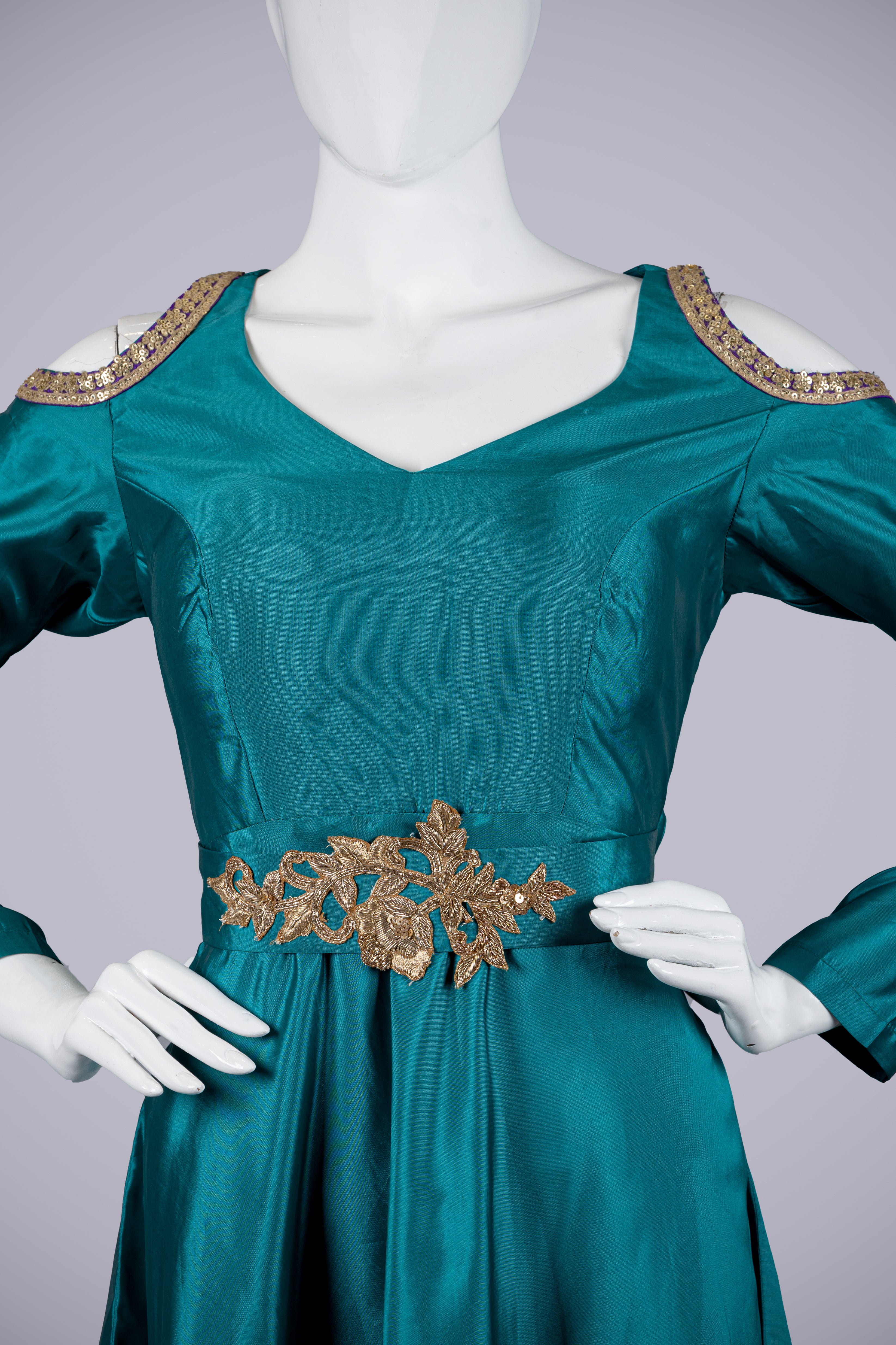 Rama Green Silk Gown with Cascading Elegance - Shreeman