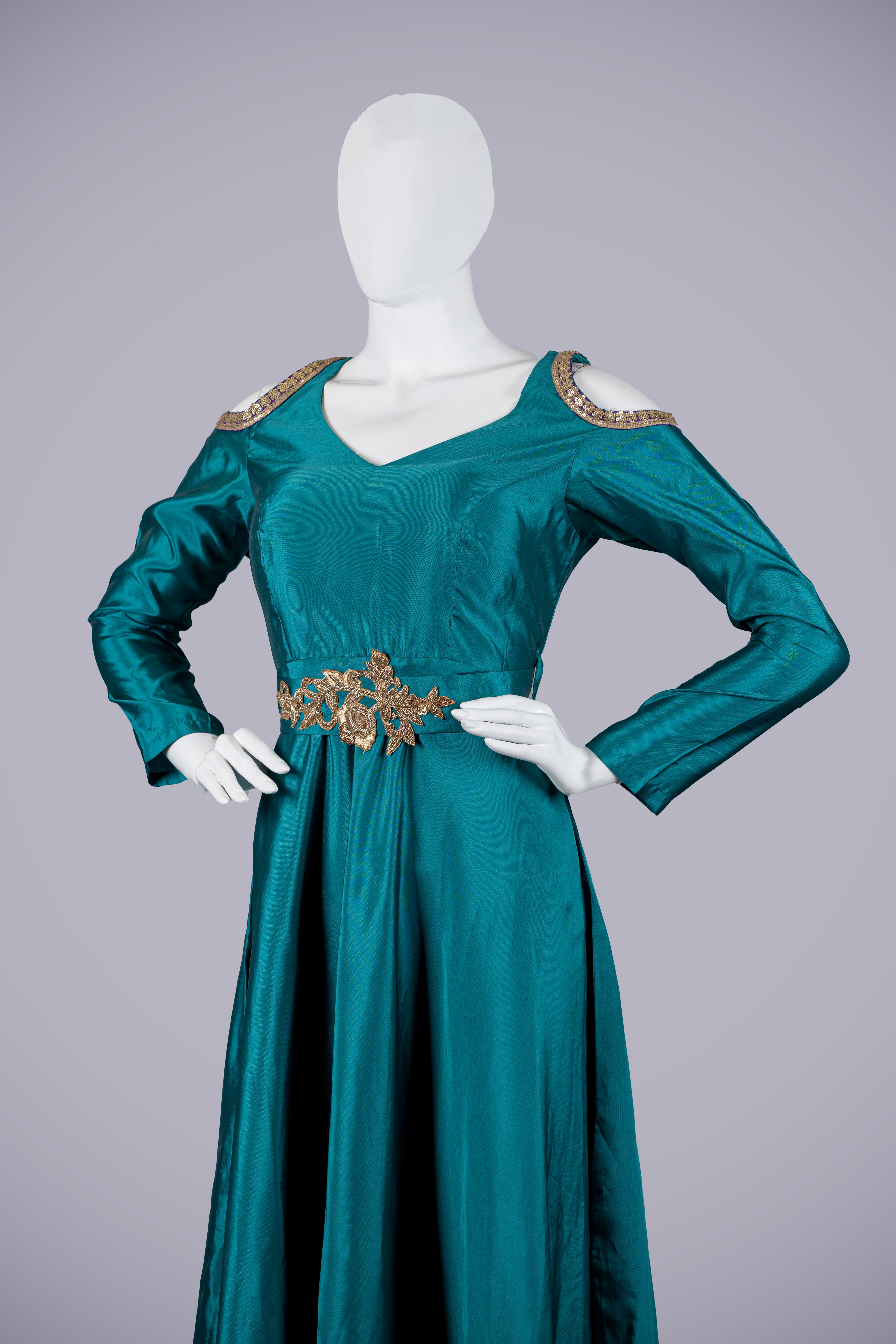 Rama Green Silk Gown with Cascading Elegance - Shreeman