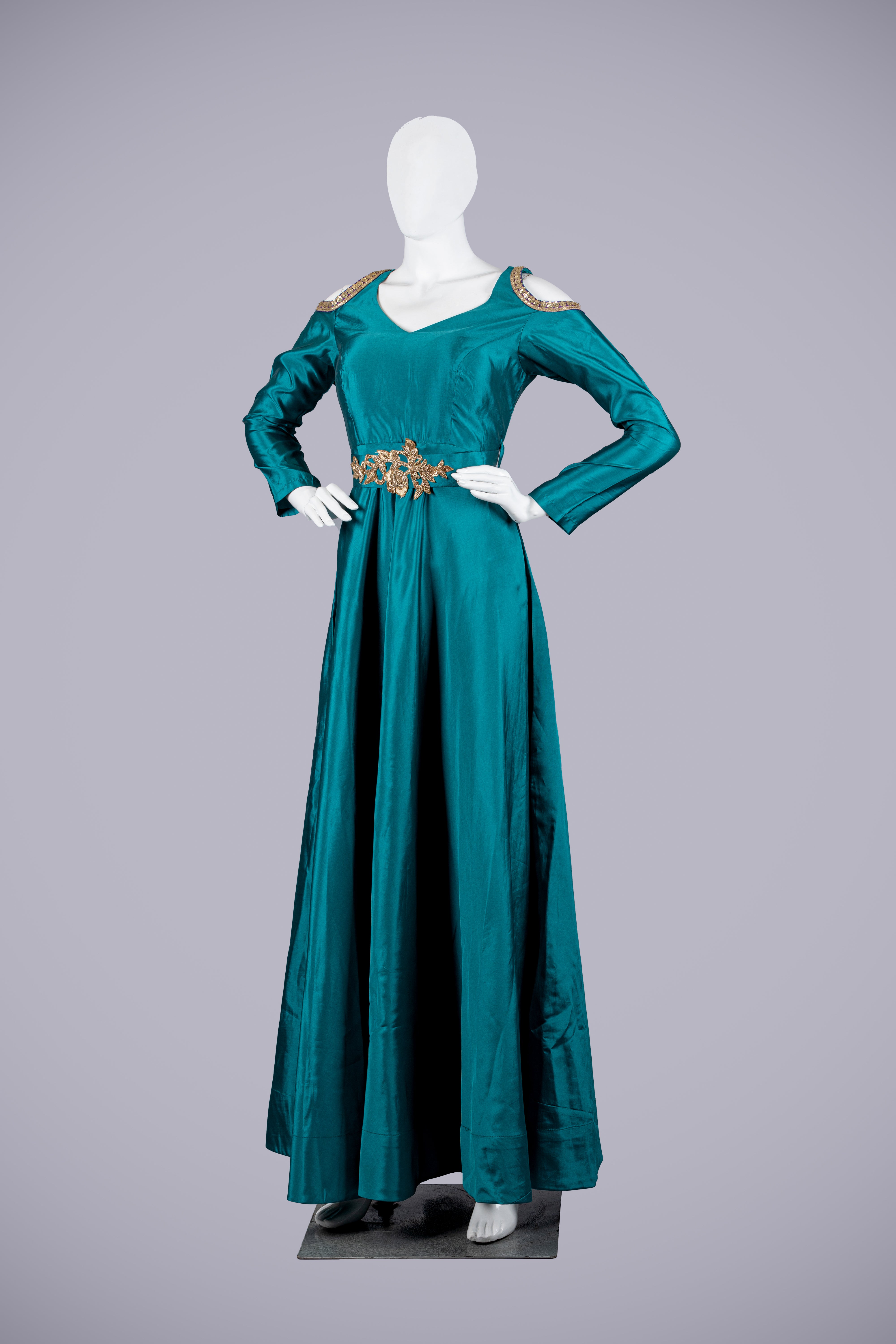 Rama Green Silk Gown with Cascading Elegance - Shreeman