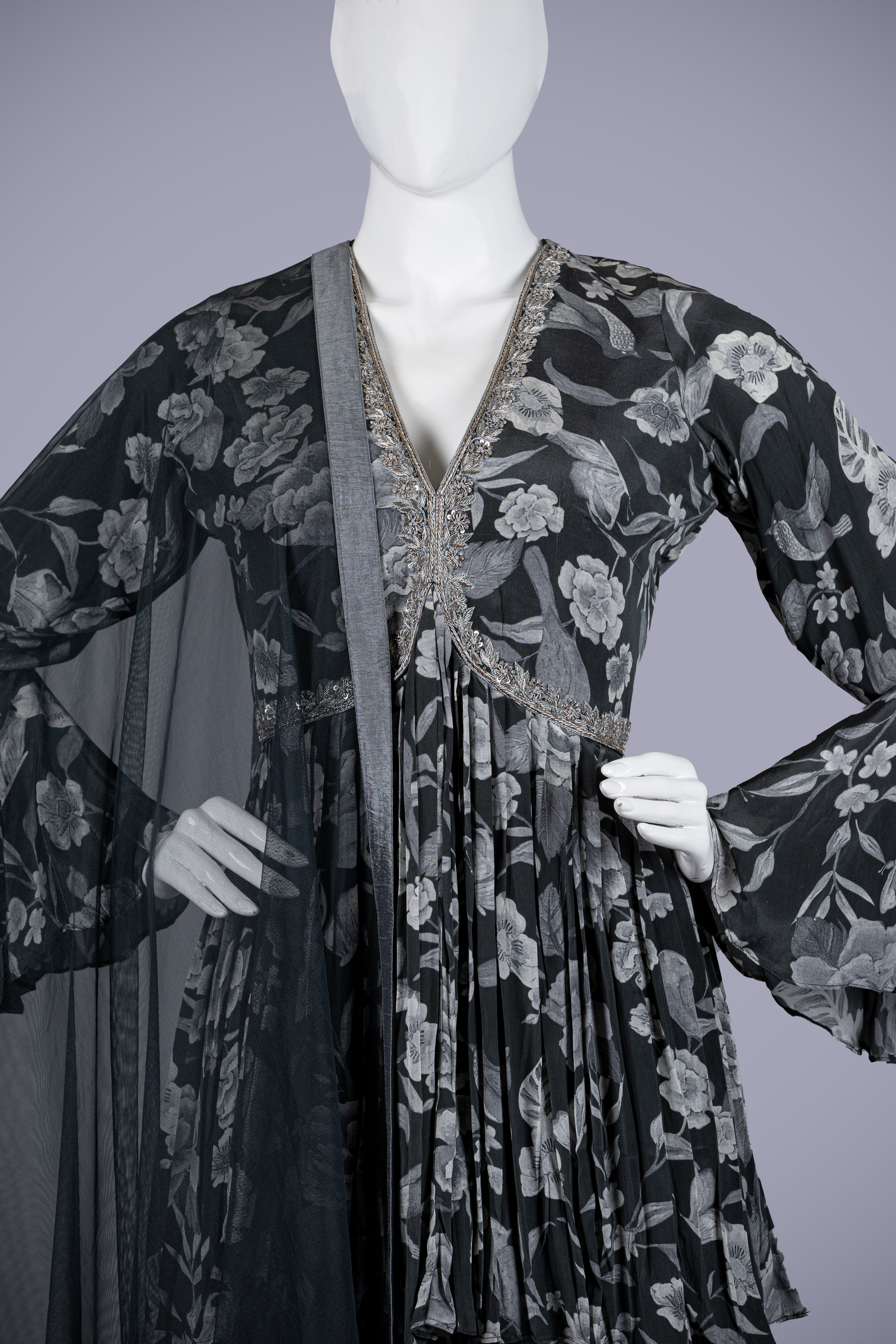 Dark Gray Silk Palazzo Set with Jardoshi Touches - Shreeman