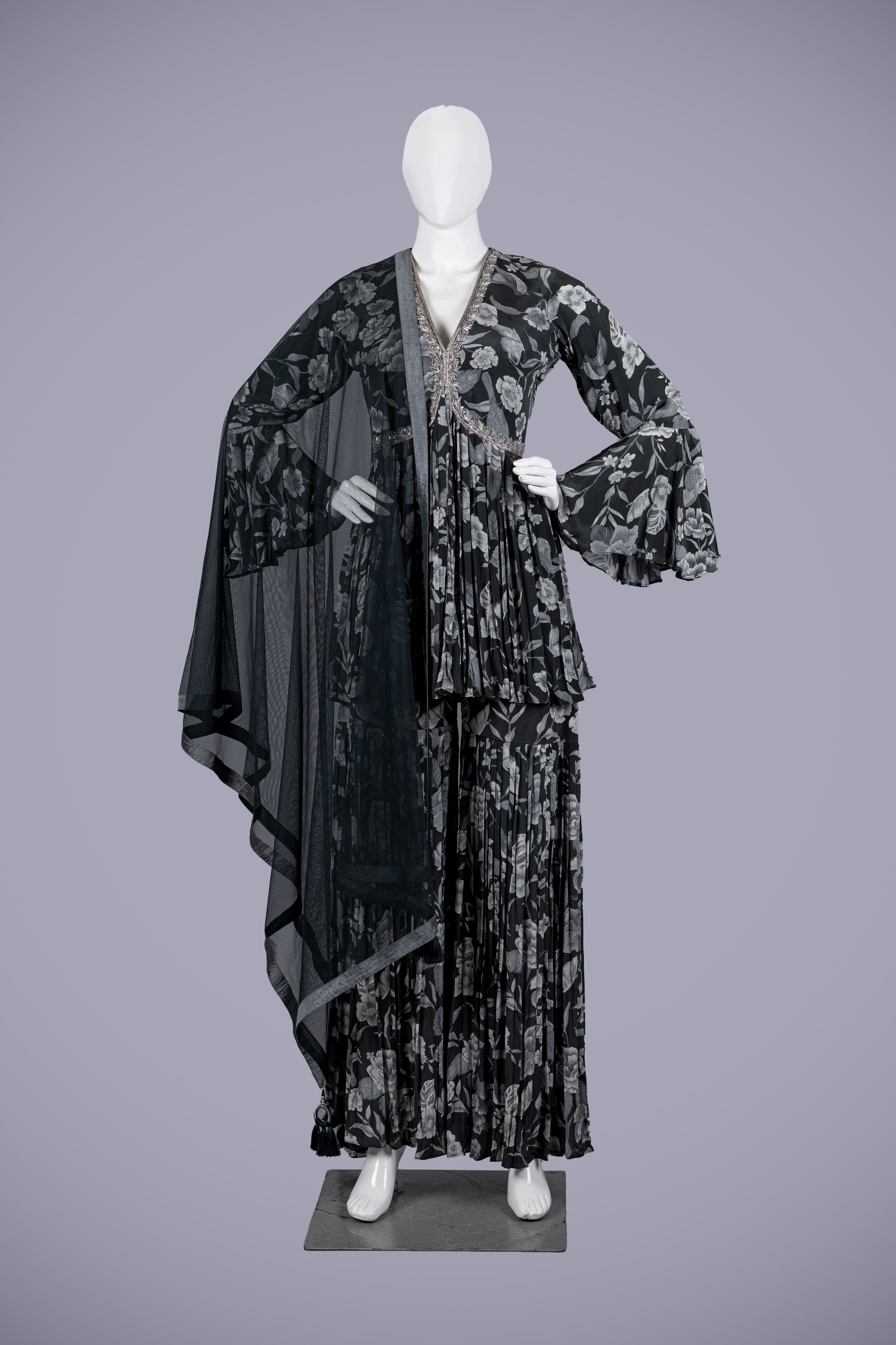 Dark Gray Silk Palazzo Set with Jardoshi Touches - Shreeman