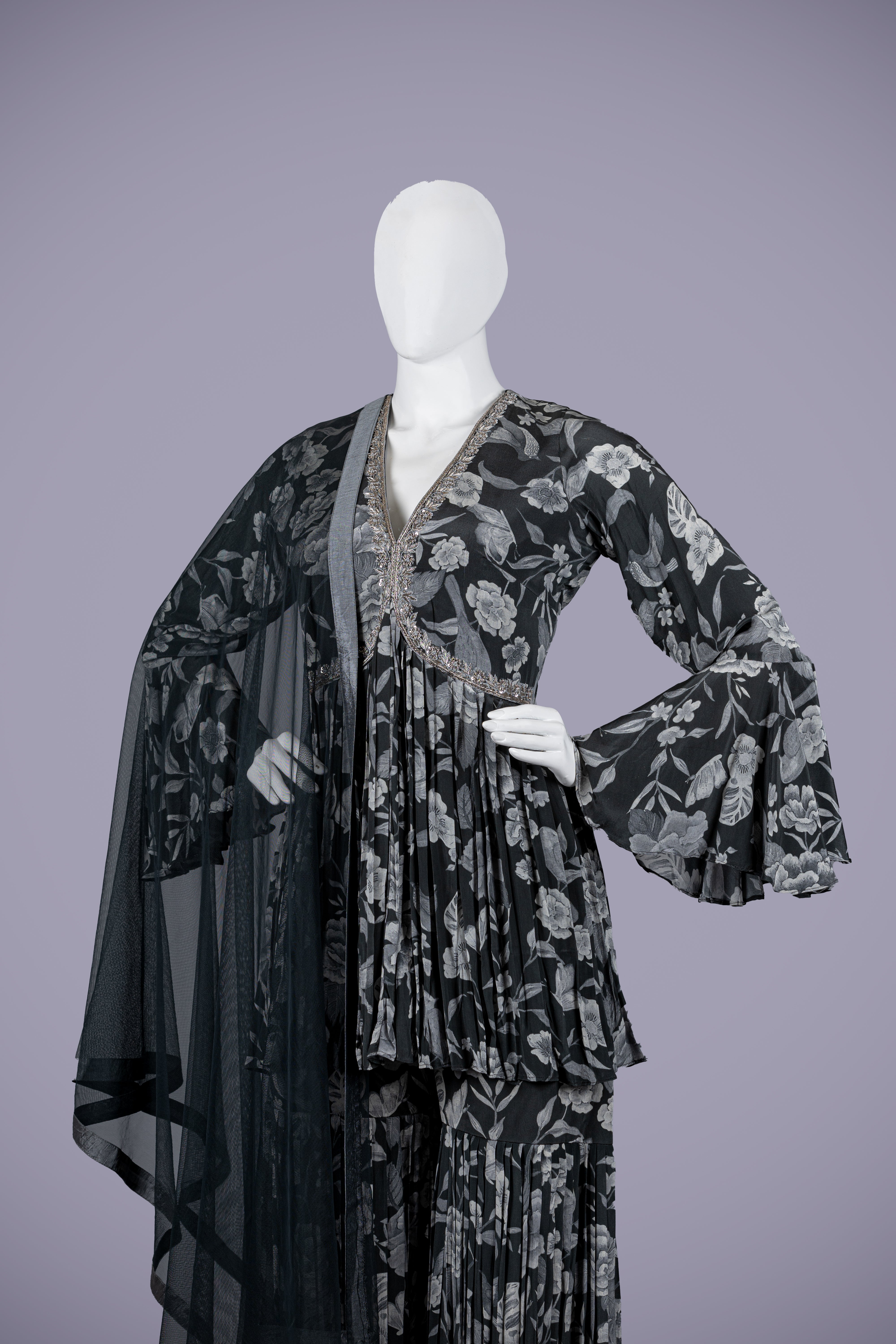 Dark Gray Silk Palazzo Set with Jardoshi Touches - Shreeman