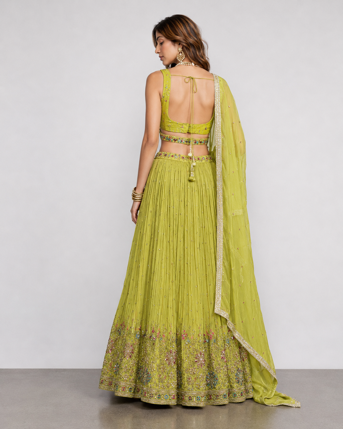 Parrot Green Soft Silk Lehenga Choli with Miral, Resham and Kardana Work