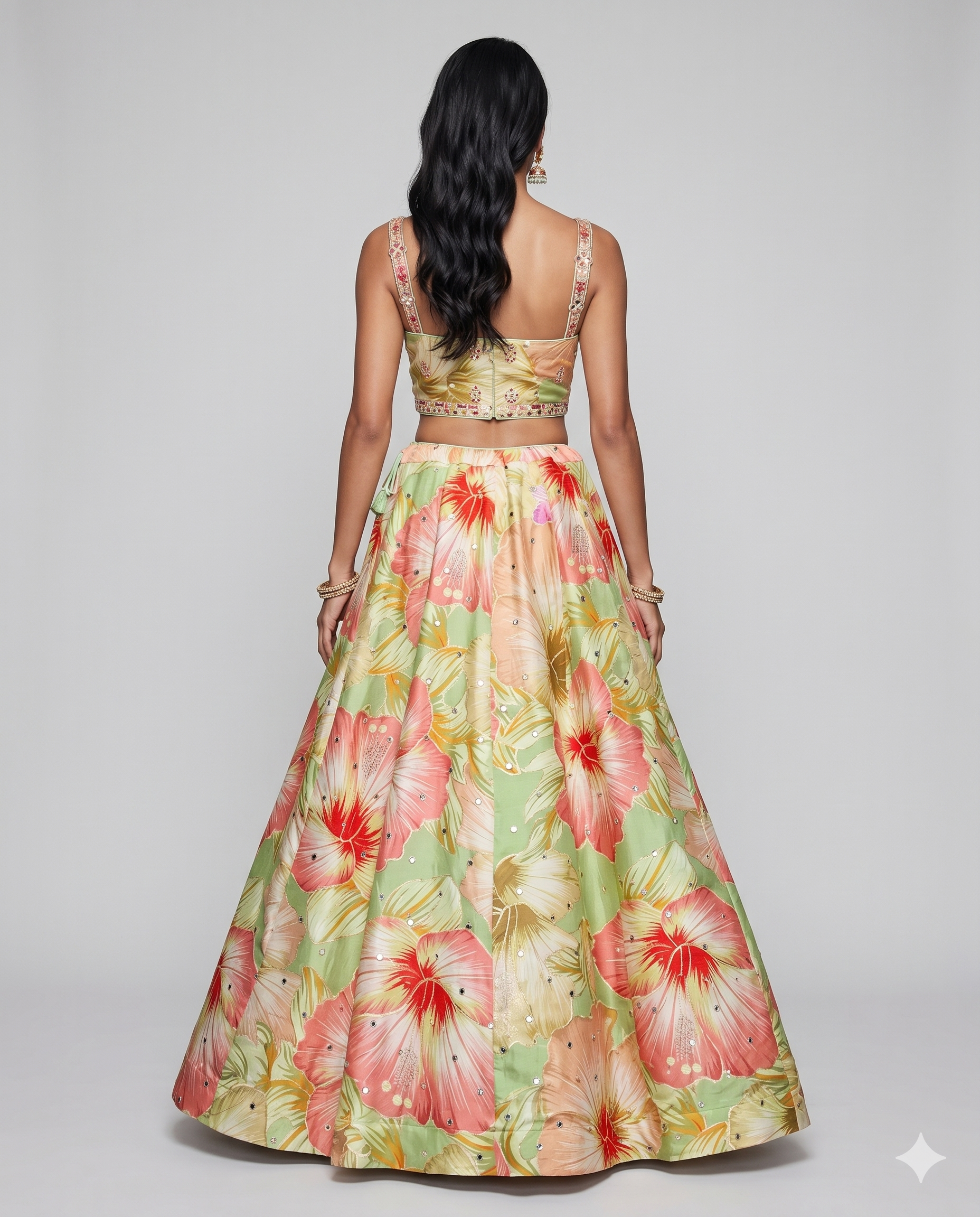 Parrot Green Tapeta Silk Choli with Mirror Moti Resham Sequins Kardana and Floral Print