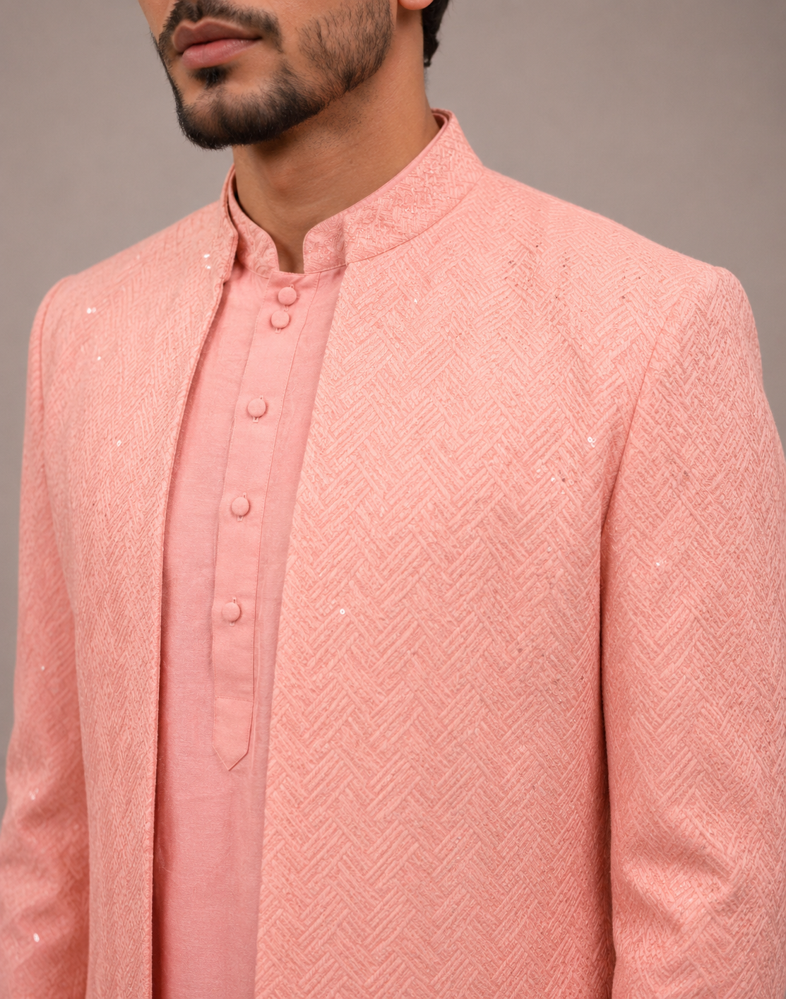 Peach Emboss Silk Indo Western for Men with Lakhnavi Work