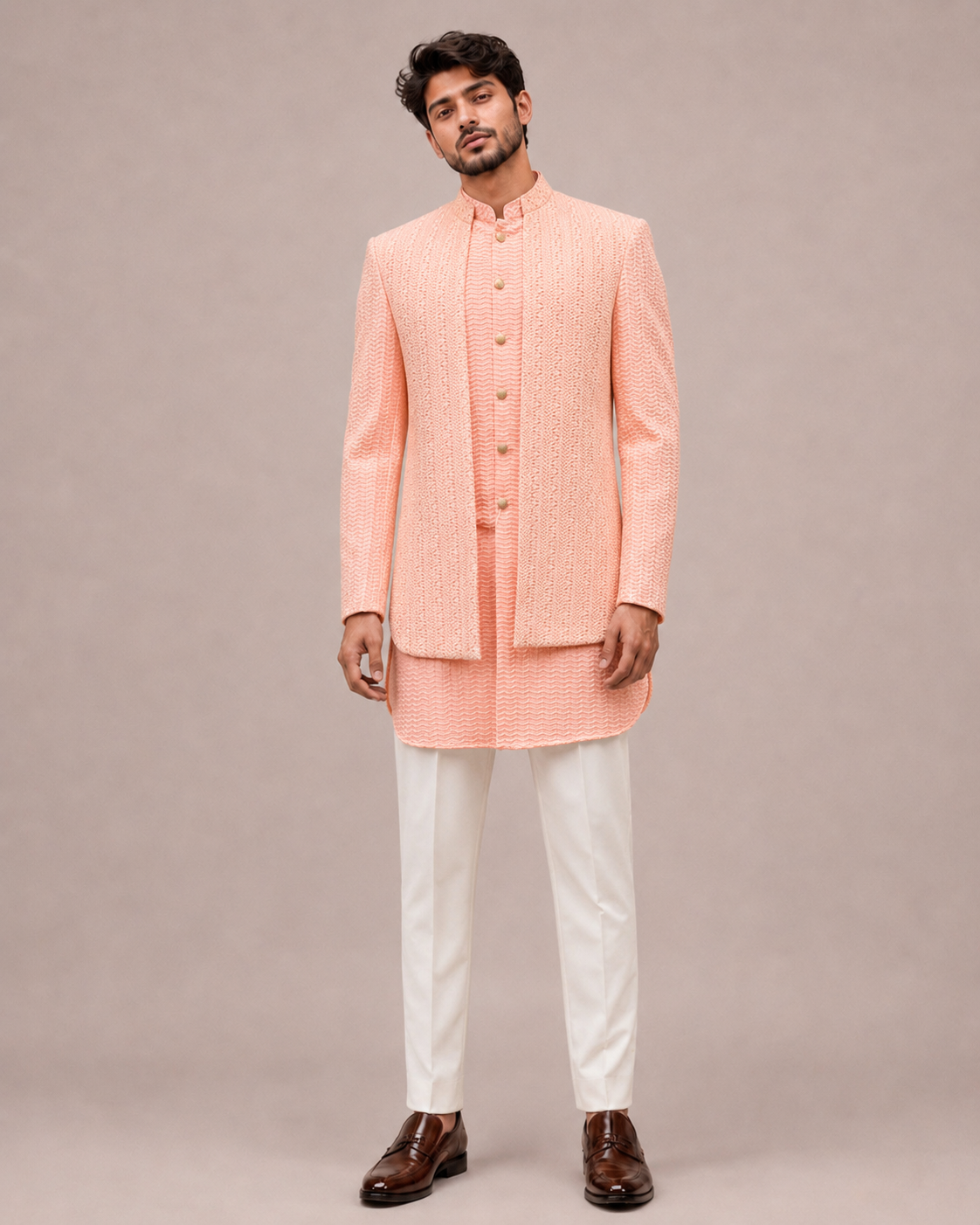 Peach Emboss Silk Indo Western for Men with Lakhnavi Work
