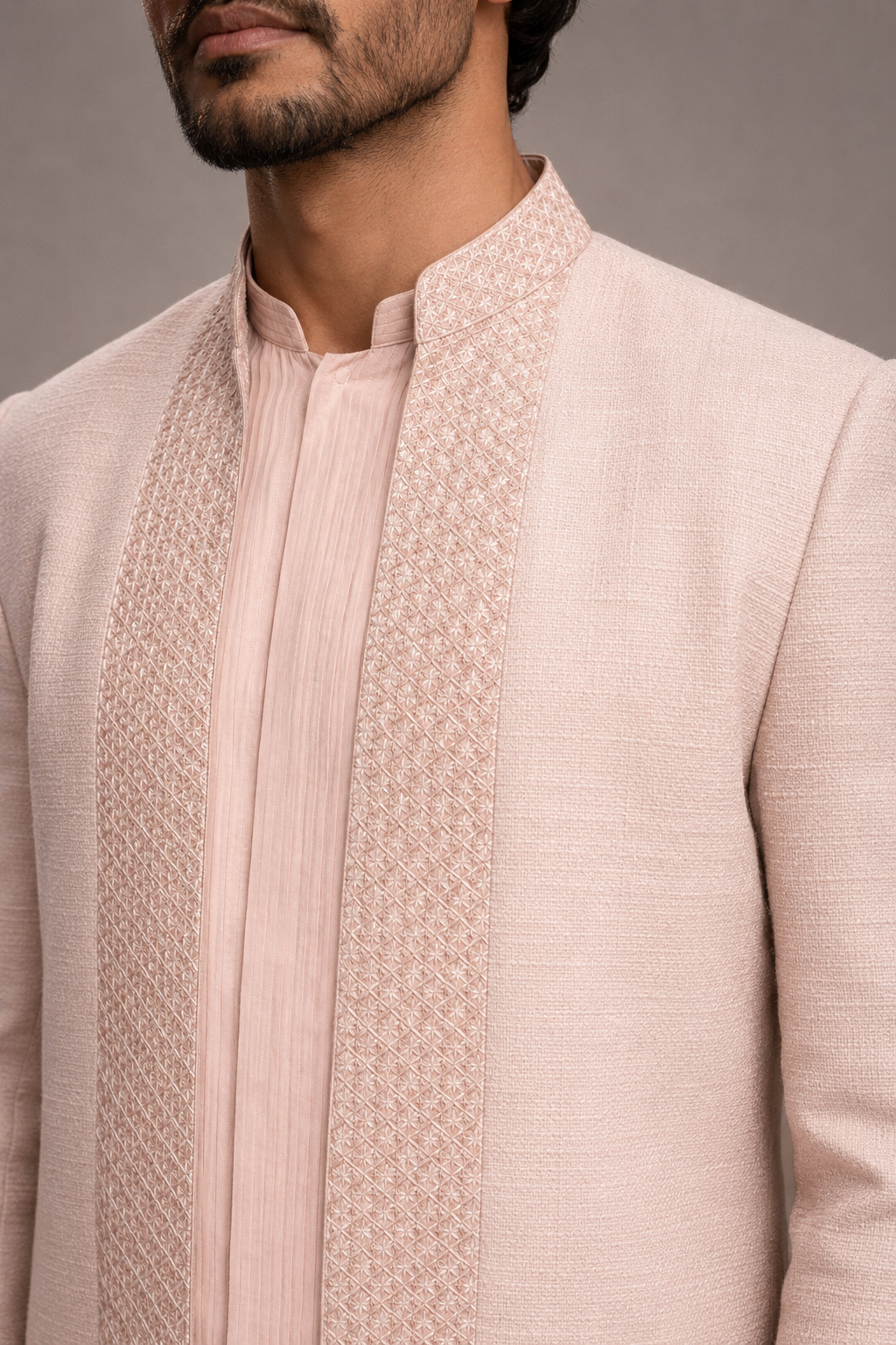 Peach Handloom Silk Open Jodhpuri with Machine Embroidery Work