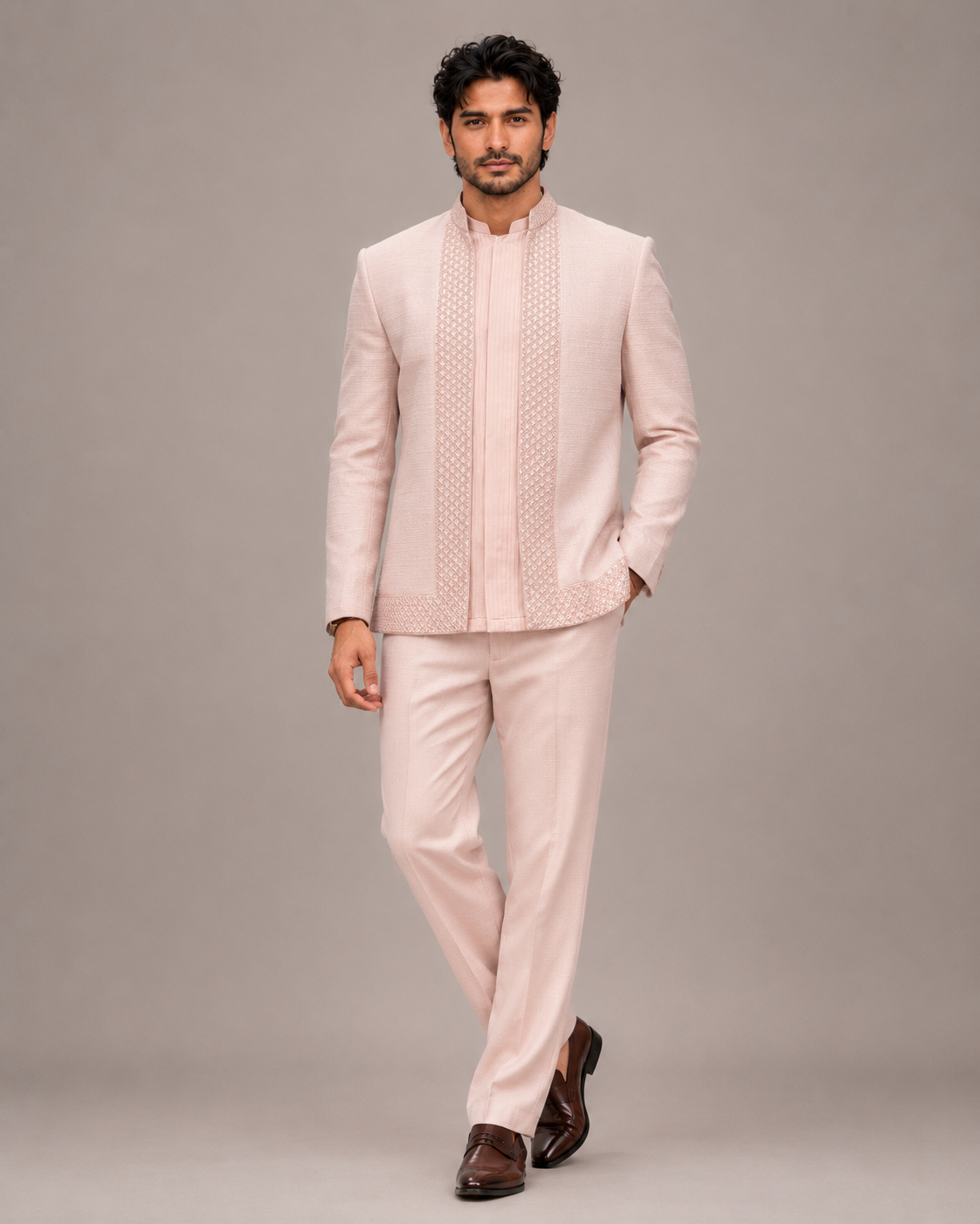 Peach Handloom Silk Open Jodhpuri with Machine Embroidery Work
